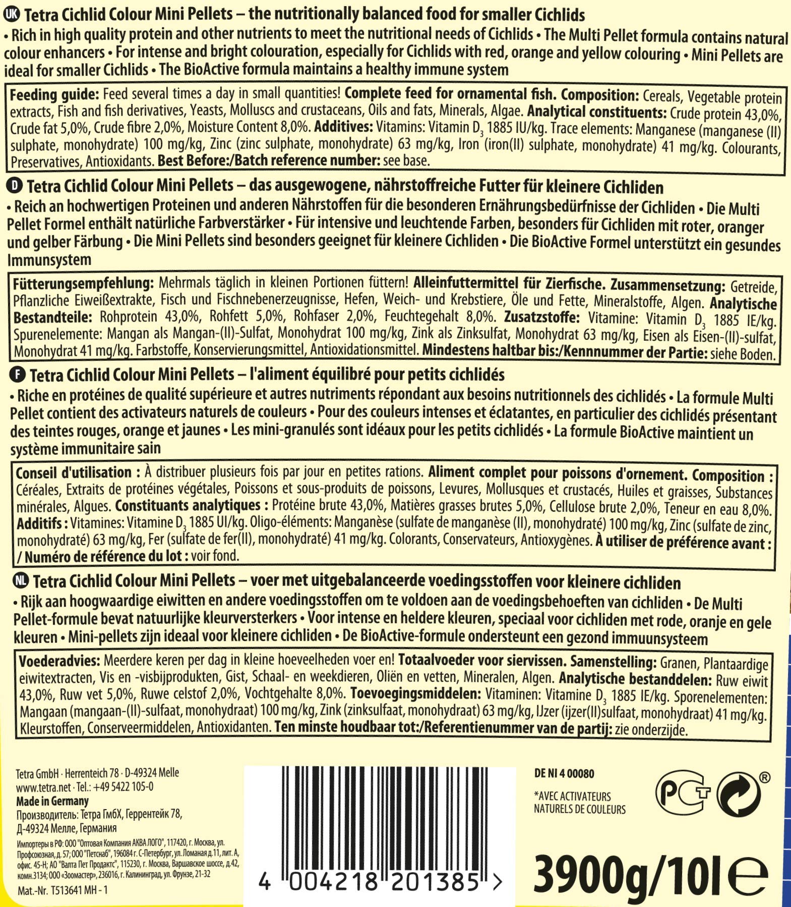 Tetra Cichlid Colour Mini Pellets (Spezialfutter für alles- und fleischfressende kleinere Cichliden, Hauptfutter für leuchtende Farben bei allen roten, orangen und gelben Buntbarschen), 10 Liter Eimer