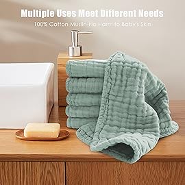 MOON PARK Baby Washcloths, 12 Pack - 12x12 Inches, Small Burp Cloths and Baby Wipes - 100% Cotton Muslin Ultra Soft for Newborn, Infant and Toddlers - Green