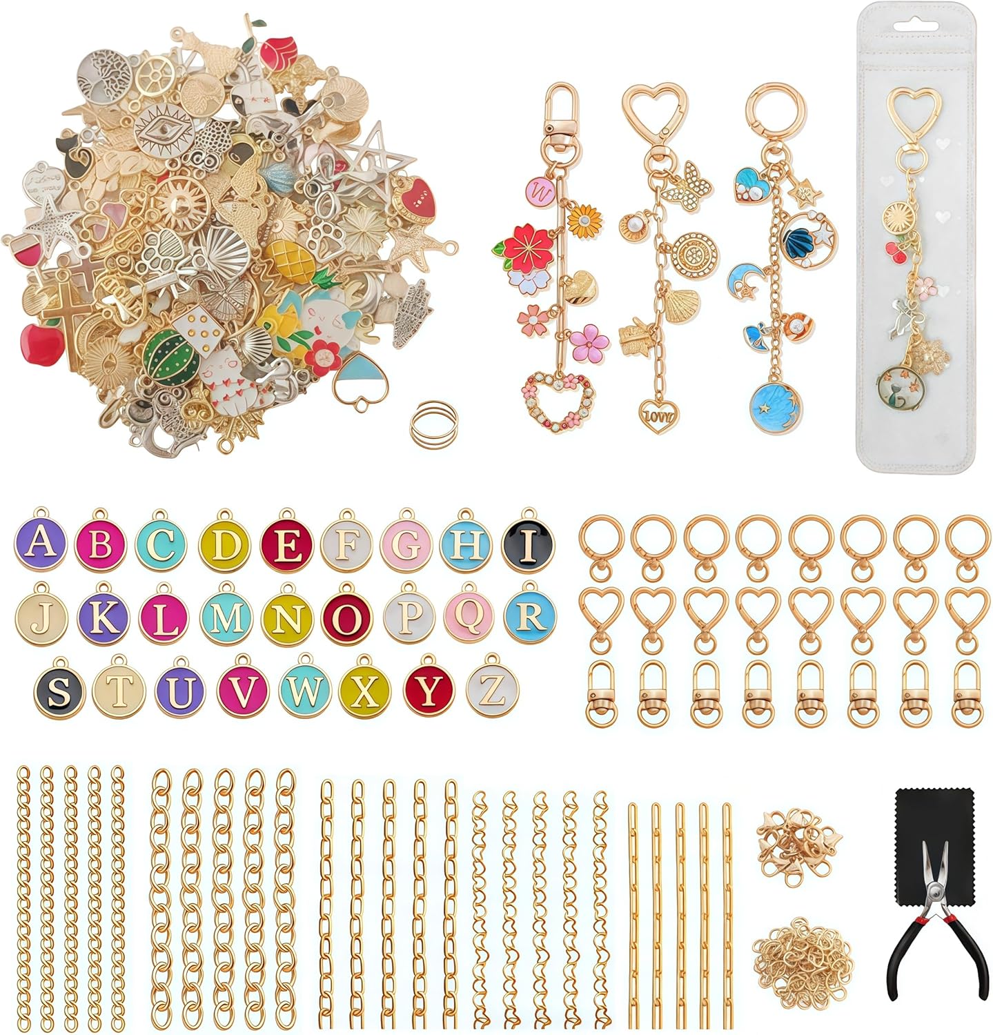 Rzysurt 544 Pcs DIY Lip Gloss Keychain Making Kit, Bag Charm Craft Supplies with 24 Key Chain Hooks, 25 Extender Chains, 196 Charms, 250 Jump Rings, Pliers & Puncher for Jewelry Accessories (544 PCS)