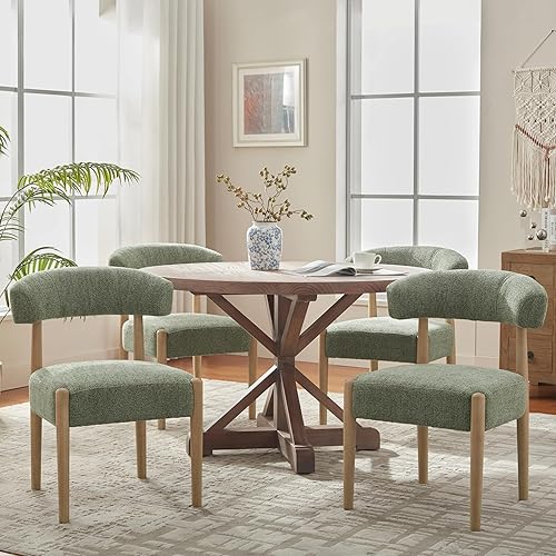 VKNOW Wooden Dining Chairs Set of 4, Modern Upholstered Dining Room Chairs with Rubberwood Legs and Curved Backrest, Fabric Kitchen Chairs for Farmhouse/Living Room/Dining Room, Green