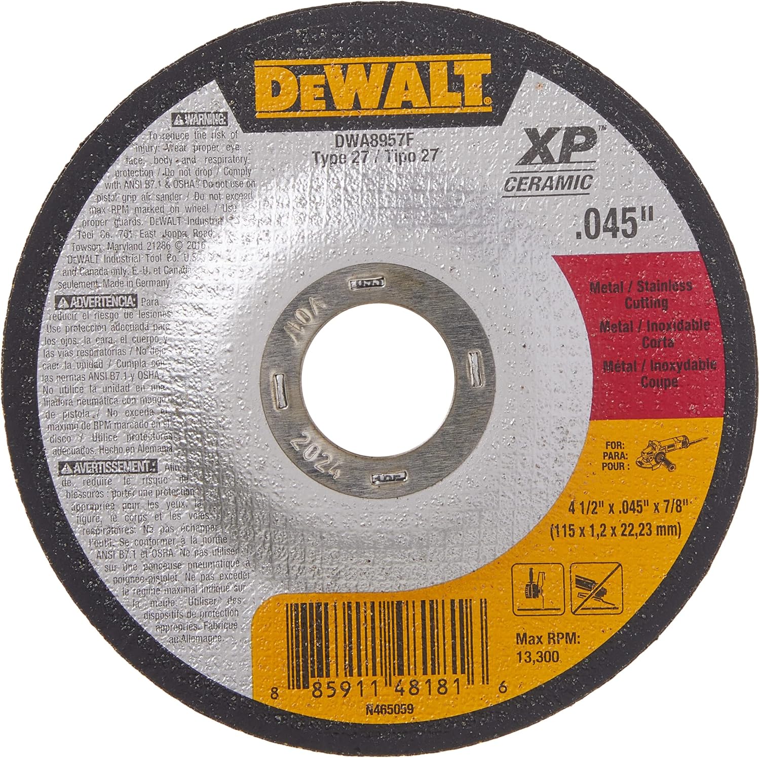 DEWALT DWA8957F T27 XP CER Fast Cut-Off Wheel, 4-1/2" x 0.045" x 7/8"