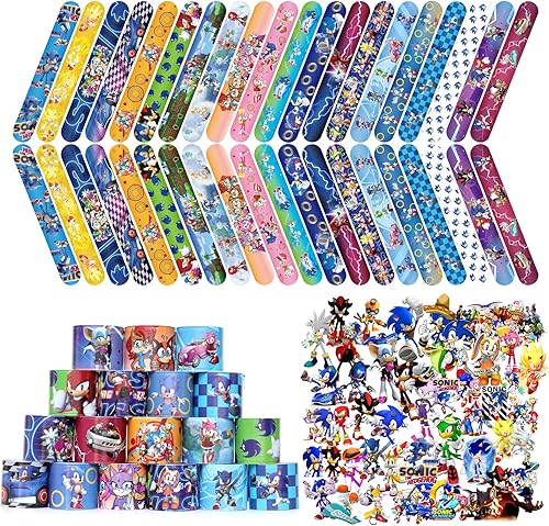 Miniatura 1 de NOLLAM Pulsera Sonic Slap, juego de 90 recuerdos de fiesta de Sonic para niños, 40 pulseras de Sonic Slap y 50 calcomanías de Sonic para niños y