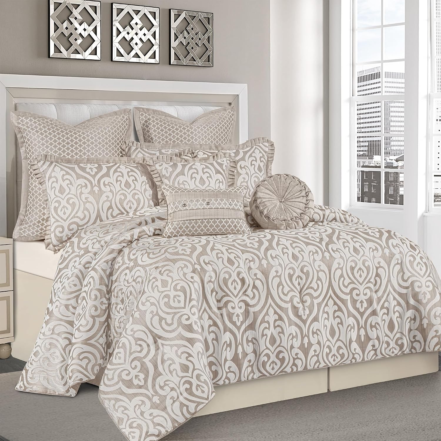 Loom and Mill 9-Piece Contemporary Jacquard Comforter Set, Luxury Damask Bedding Sets King, Ultra Soft Comforter with Euro Shams, Bedskirt, Filled Decorative Pillow for All Season(Taupe Beige,King)