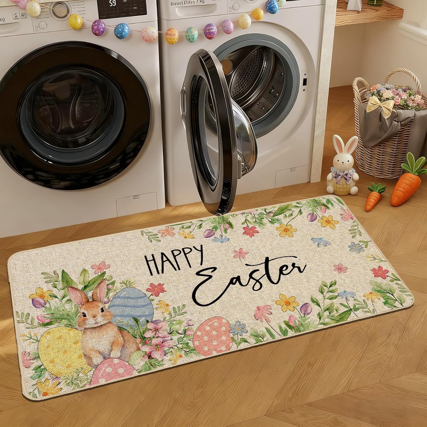 Baccessor Happy Easter Doormat 17x36 inch, Large Bunny Colorful Eggs Floral Rabbit Welcome Door Mat Rug for Floor Non Slip Rubber Backing Seasonal Holiday Decor for Indoor Outdoor