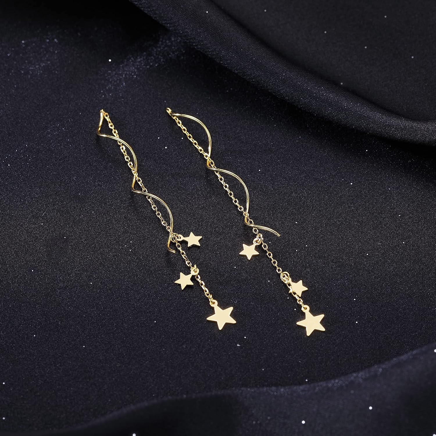 SLUYNZ Sterling Silver Stars Dangle Earrings Chain for Women Teen Girls Curve Stars Dangle Earrings Long Threader
