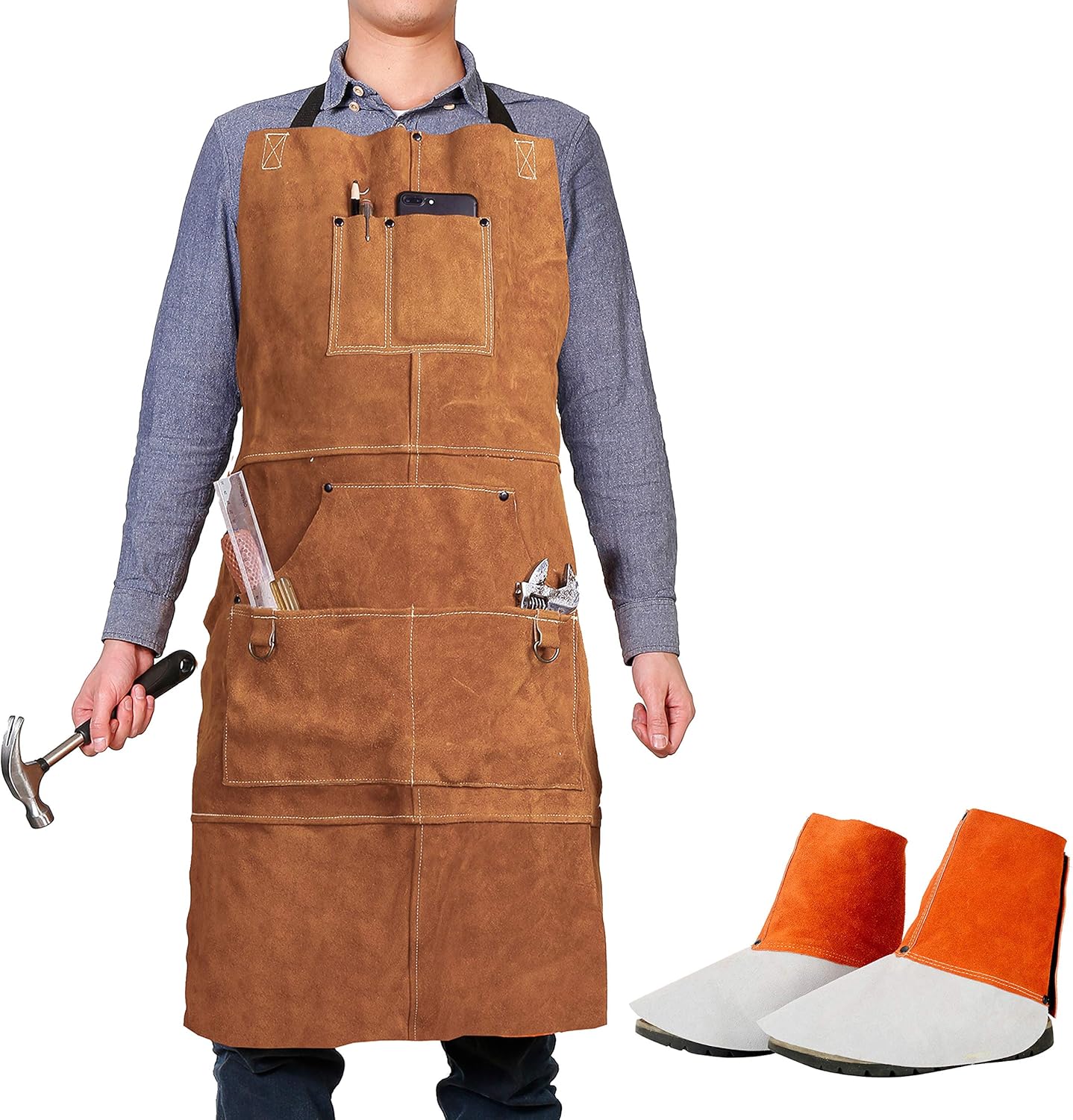 Leather Welding Apron with Welding Spats - Heat & Flame Protection - Adustable M to XXXL for Men & Women