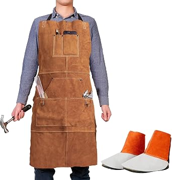 Leather Welding Apron with Welding Spats - Heat & Flame Protection - Adustable M to L for Men & Women