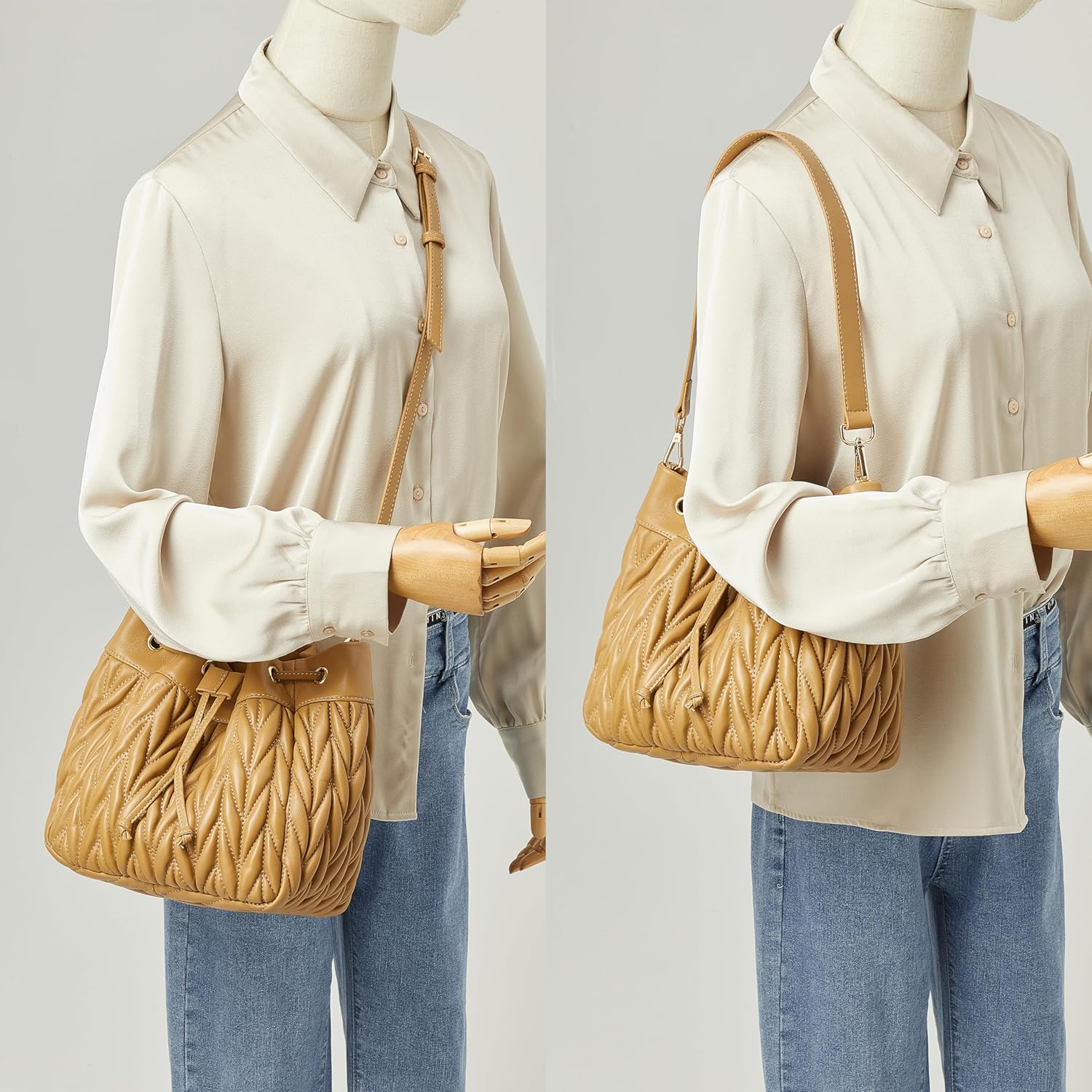 DORIS&JACKY Lambskin Drawstring Bucket Purse For Women Designer Leather Quilted Shoulder Handbags With Two Straps - Image 2