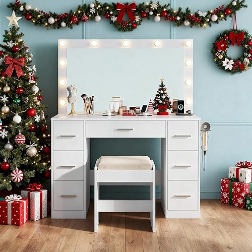 WLIVE 43‘’ White Vanity Desk with Mirror and Lights, Makeup Table w/7 Drawers & Power Outlets, Modern Vanity Table Set with Hidden Storage Stool, Dressing Table for Bedroom Dressing Room Girl