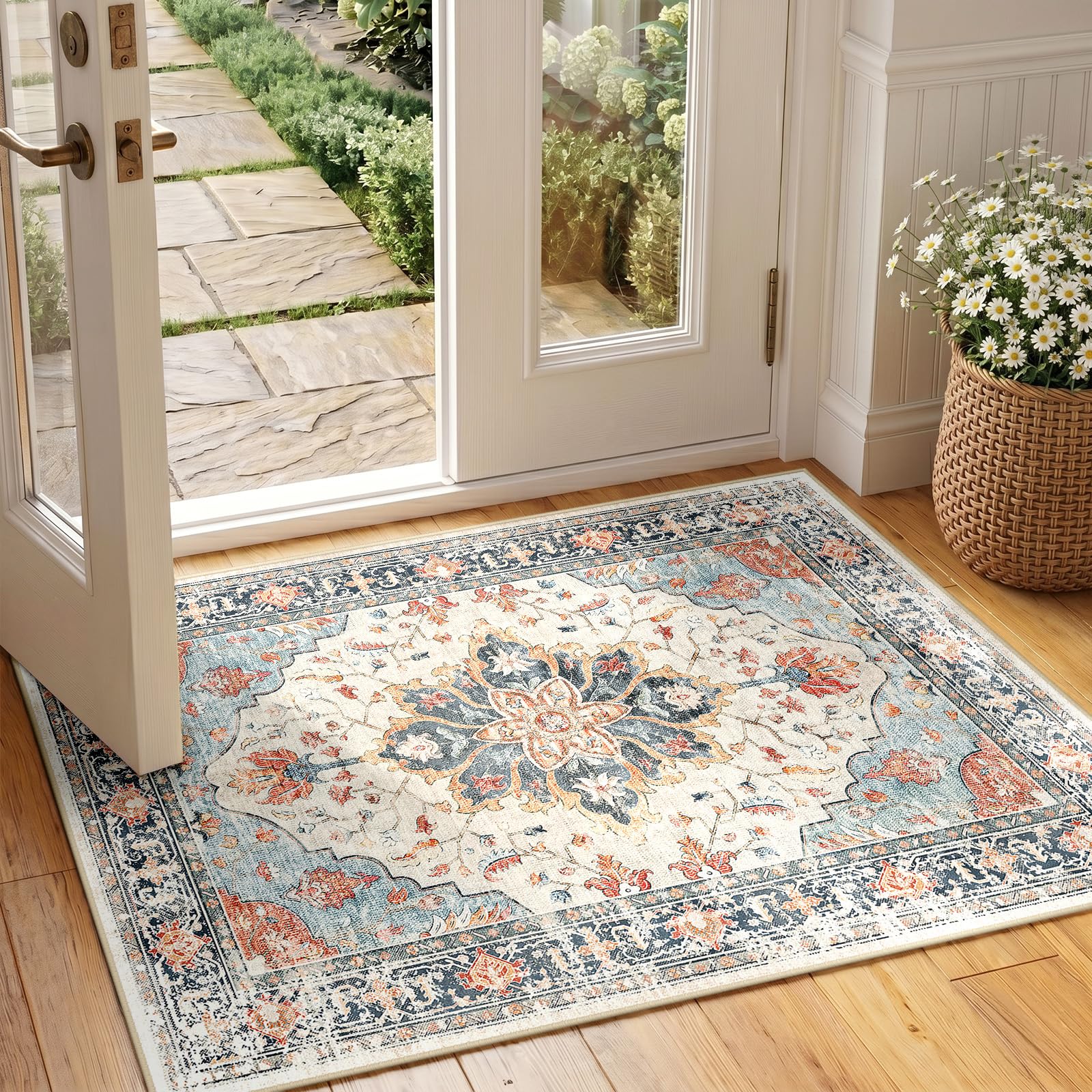 INOVADAY Machine Washable Rugs 60x90 cm Vintage Area Rug Low Pile Anti-Slip Carpet with Print Pattern for Living Room Bedroom Home Office Indoor Beige/Blue/Orange โ image 1