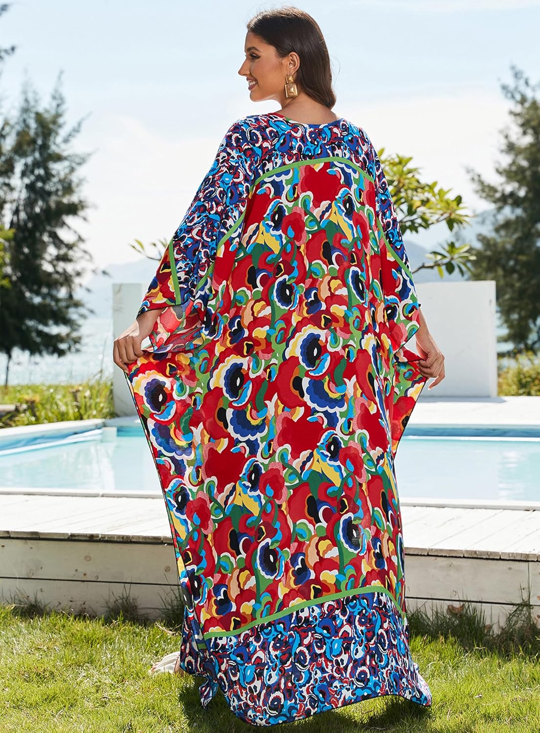 Women Kaftan Dresses Plus Size V-Neck Batwing Sleeves Beach Cover Up 2025 Summer Floral Print Caftan Dress - Image 3