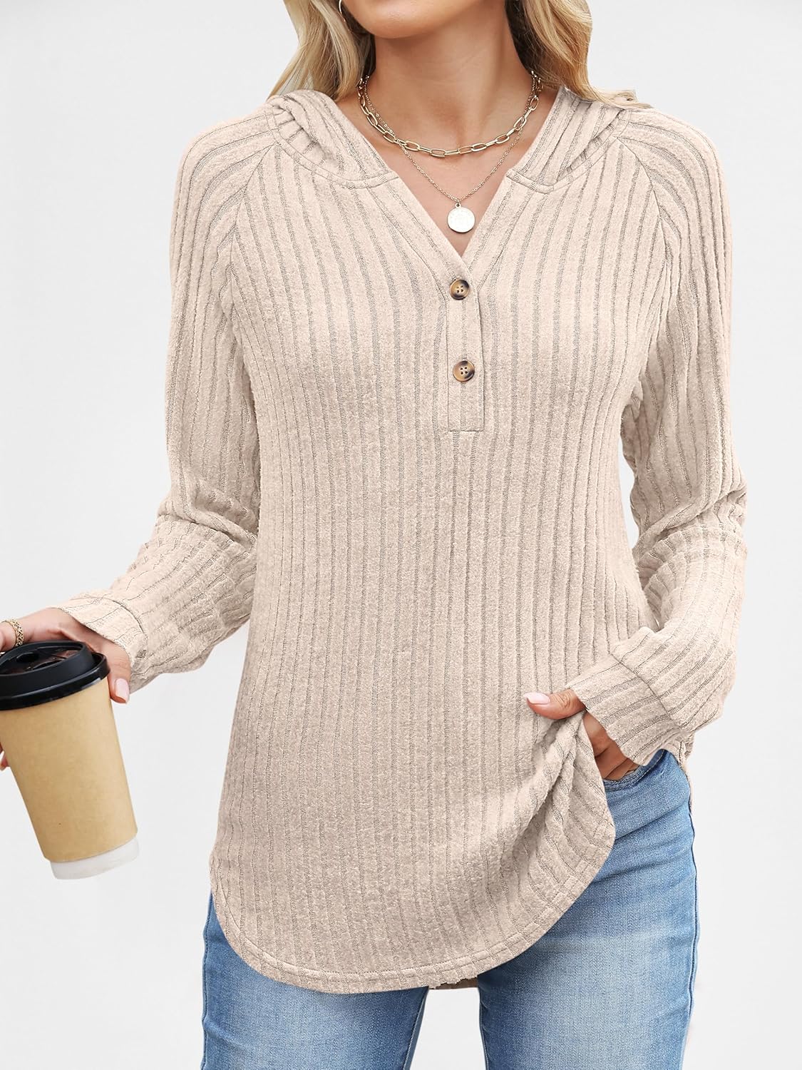 ANRABESS Womens Long Sleeve Henley Tops Ribbed Knit Hoodie Shirts 2026 Spring Loose Fit Lightweight Hooded Sweaters - Image 3