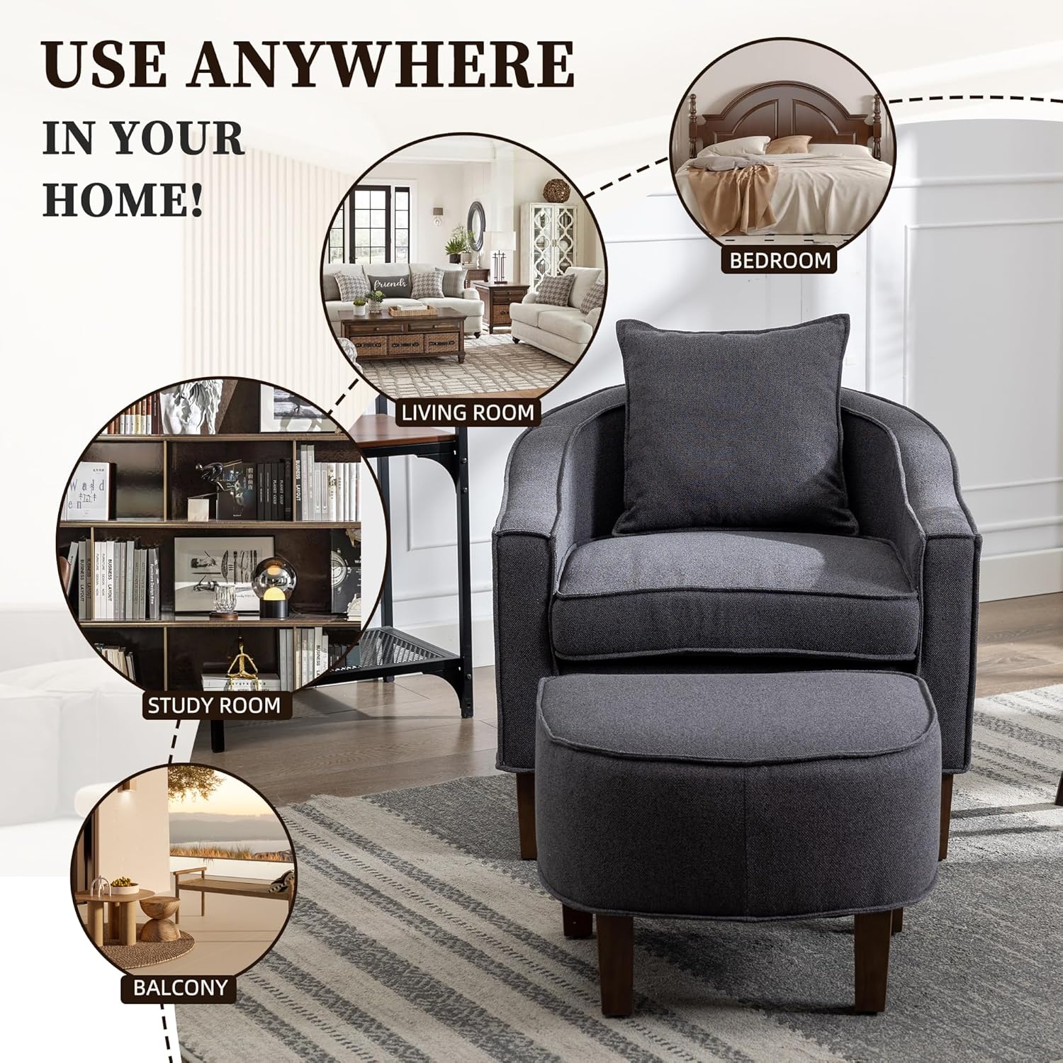 QQU Accent Sofa Chair with Ottoman, Linen or Microsuede Fabric Modern Barrel Chair with Iron Legs and Round Arms, Upholstered Chair for Living Room, Bedroom, Dark Grey