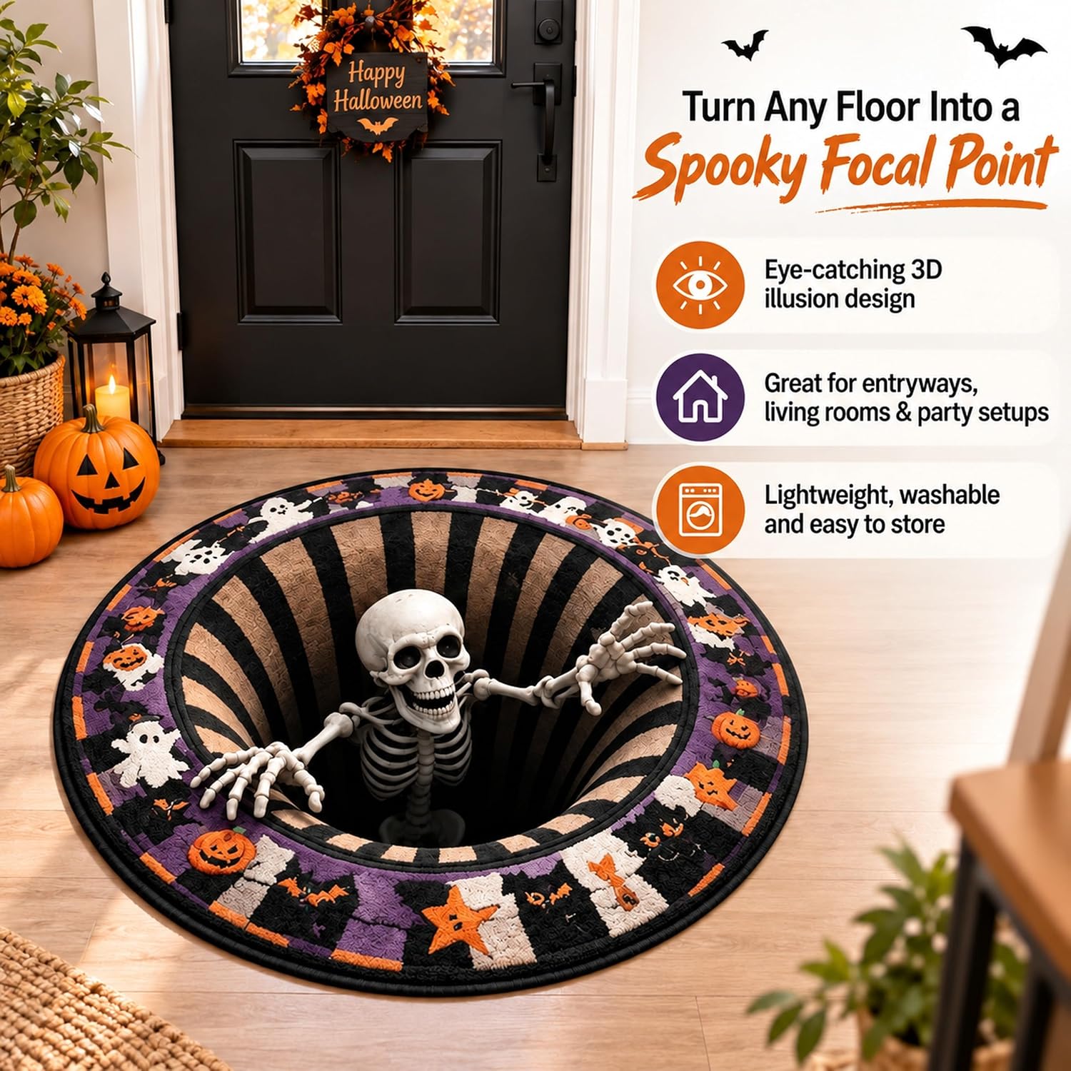 Halloween 3D Optical Illusion Rug, Round Monster Hole for Indoor Decor image 3