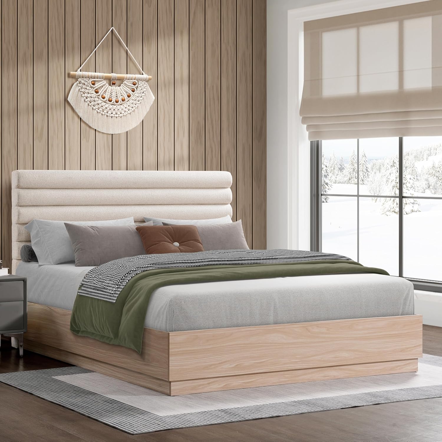 Christopher Knight Home Raina Queen Size Wood Platform Bed Frame, Boucle Fabric Upholstered Headboard, Wood Bed Support and Slat, Fully Mattress Foundation, No Box Spring Needed, Taupe+Natural