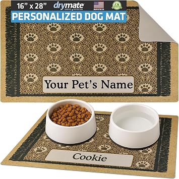 Drymate Personalized Pet Bowl Placemat, Custom Dog & Cat Food Feeding Mat - Absorbent Fabric, Waterproof Backing - Machine Washable/Durable USA Made 16" x 28" Brown Paw Braid