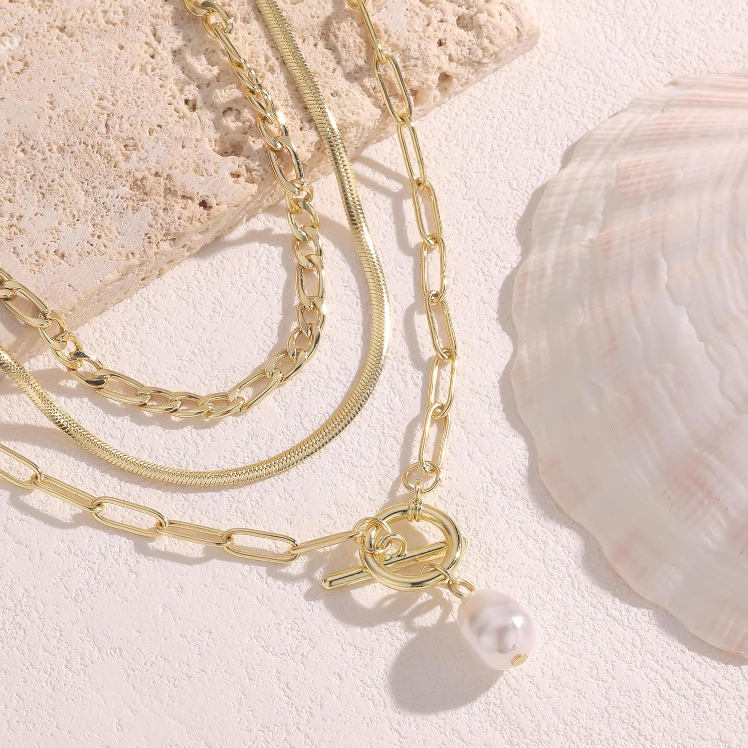 Evabelle Gold Layered Necklace for Women Trendy Jewelry 14K Real Gold Plated Chunky Chain Stackable Necklaces Dainty Choker Necklaces Rectangle Square Pendant - Image 5