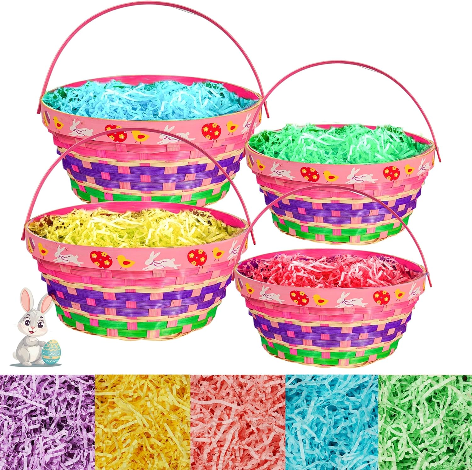 Uptotop Easter Basket with Handle, 4Pcs Woven Bamboo Easter Egg Baskets with 5 Colors Crinkle Cut Paper Filler, Perfect for Easter Egg Hunting, Decorations, Party Favors and Gift Giving