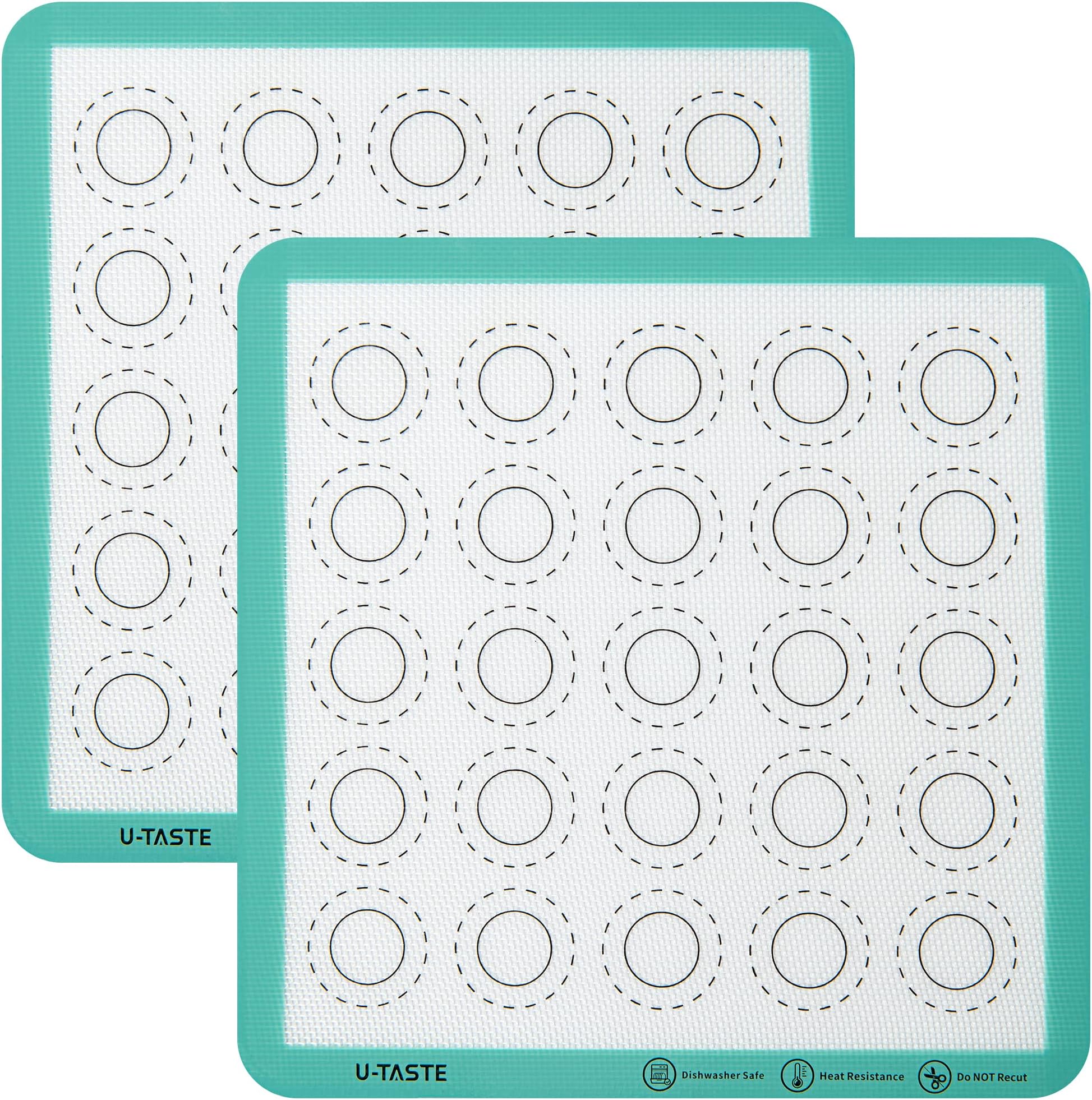 U-Taste 446ºF Heat Resistant Macaron Mat: 11x11 Inch Non Stick Silicone Baking Mat, Reusable Cookies Pastry Sheet Liner with Edge Enhancement & Circle Measurement for Square Cake Pan (2 PCS, Aqua Sky)
