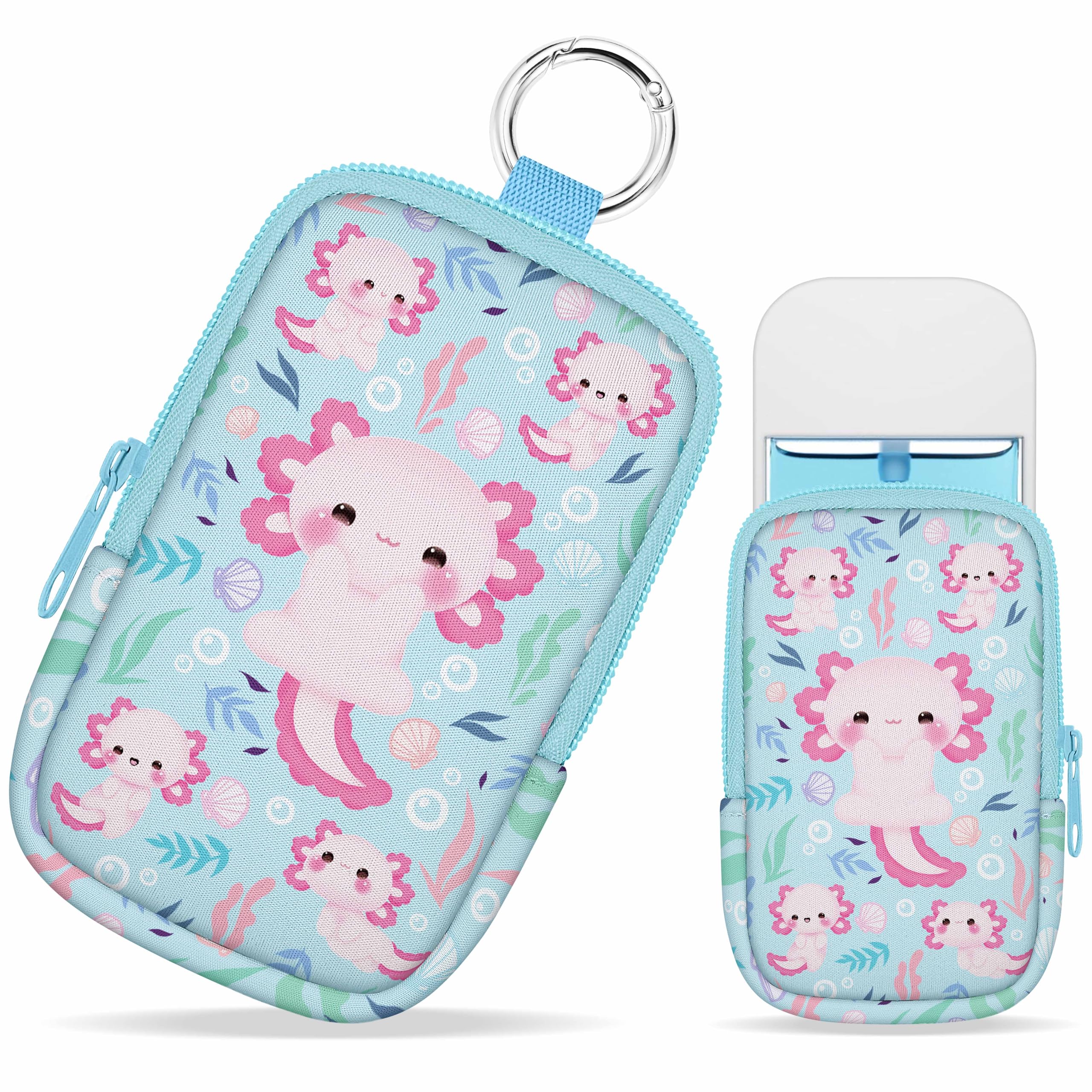 Mcapirivo Hand Sanitizer Spray Case, Axolotls Hand Sanitizer Holder Zippered Pouch, Cute Fashion Accessory with Snap Hook for Glow Mist and Power Mist