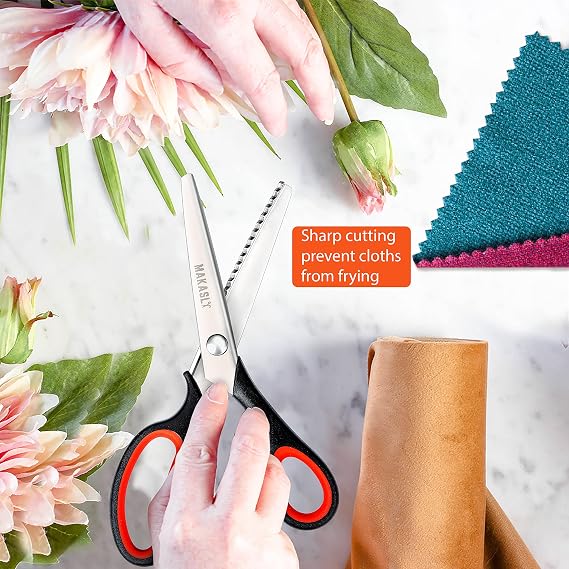 Pinking Shears - Fabric Craft Scissors with Decorative Edge, Zig Zag Blade, Professional Sewing Shear for Fabric/Leather/Paper (Red)