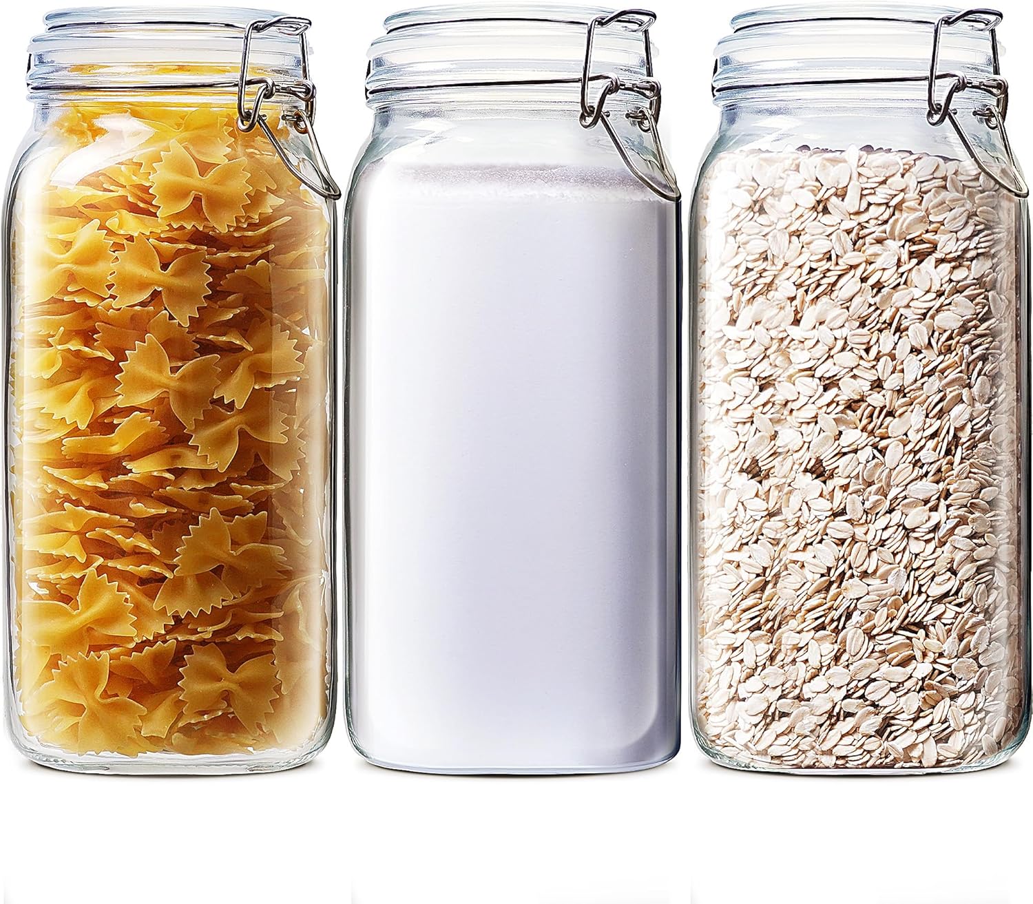 78oz – 3 Pack Square Glass Jars with Airtight Lid, Wide Mouth Mason Jars with Clamp Lids, Air Tight Glass Canisters, Best Food Storage Containers for Flour, Sugar, Cereal, Pasta, Rice, Coffee, Spice