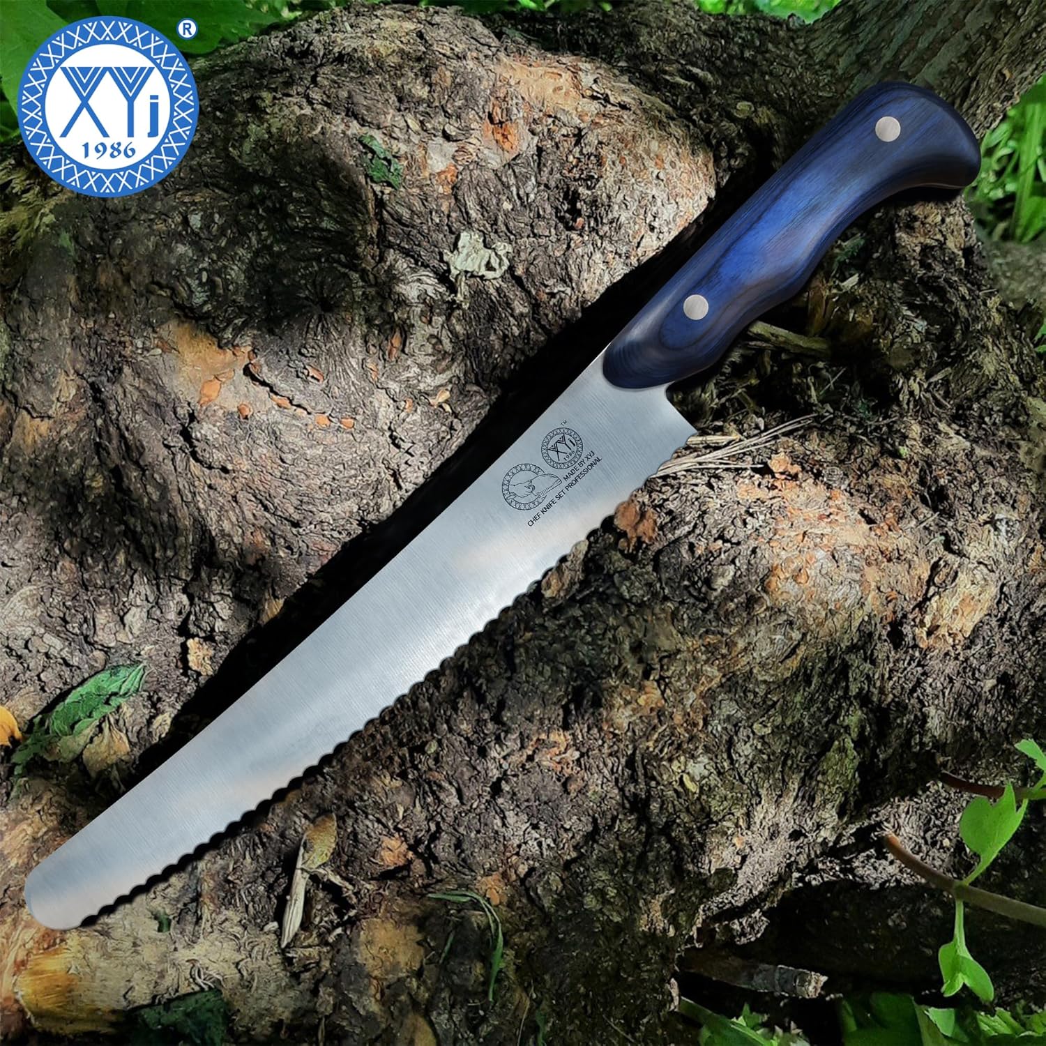 XYJ Authentic Since 1986, Bread Knife 10 inch, Stainless Steel Serrated Blade Cake Knife, Professional Slicing Bread Cutting Knives with Wood Handle for Right Hand Use, Kitchen Serrated Knife