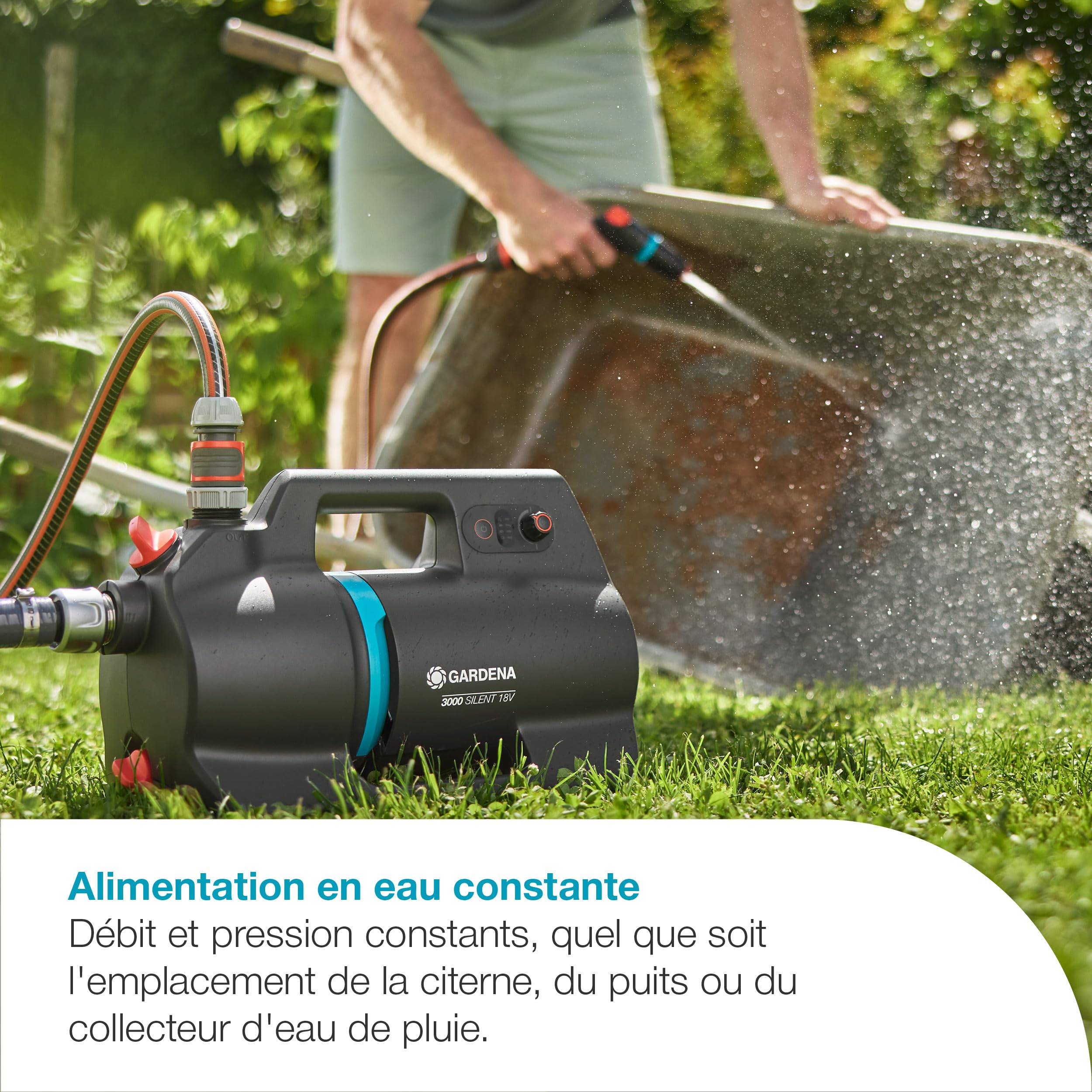Gardena Pompe de jardin sur batterie 3000 Silent 18V P4A Kit prêt à l'emploi
