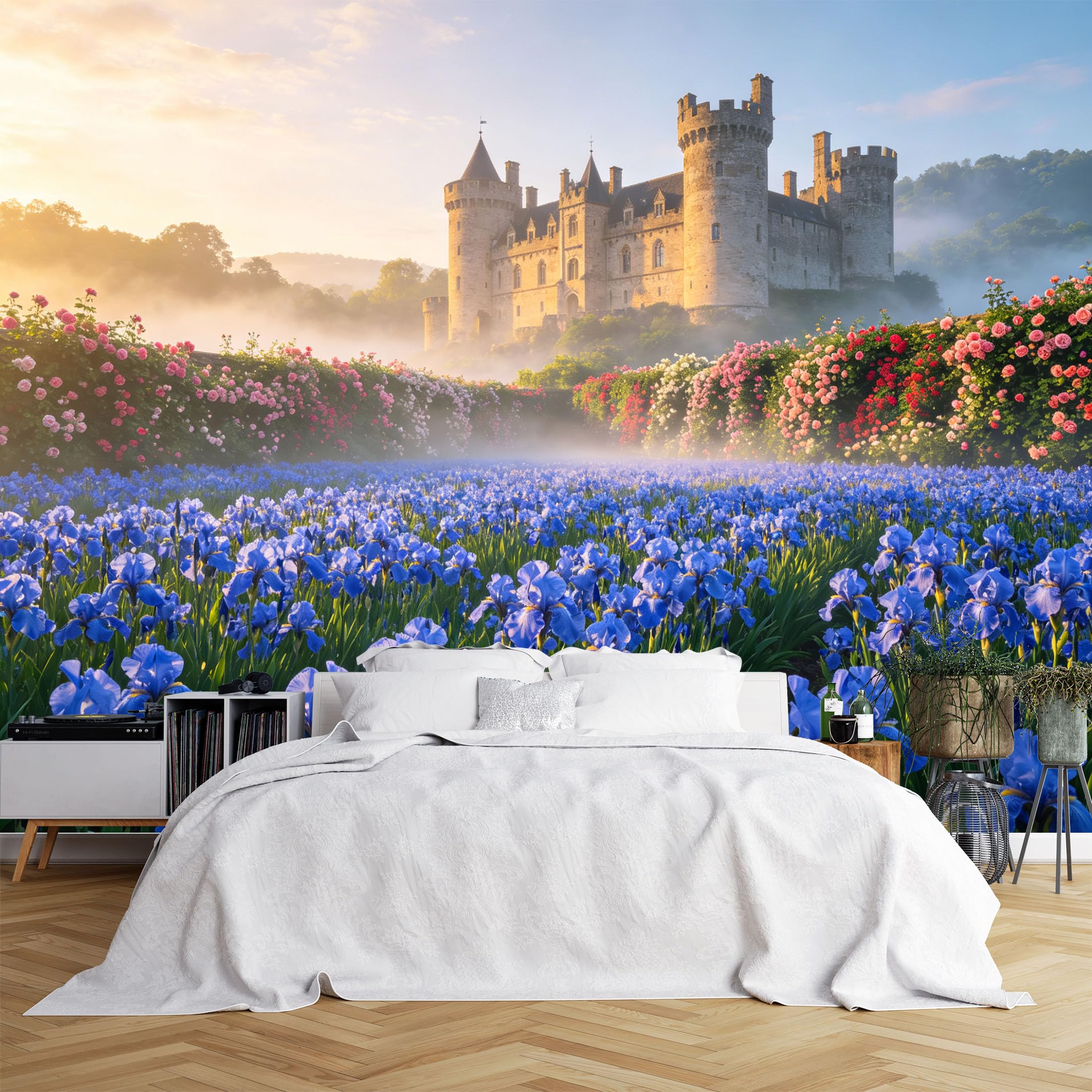 Lcythiazole Ch260615100 Custom Size Wall Murals Iris Flower Field Misty Ancient Castle Wall Murals Vivid Landscape Wallpaper Home Decor Self-Adhesive Removable Wallpaper For Living Room Hallway