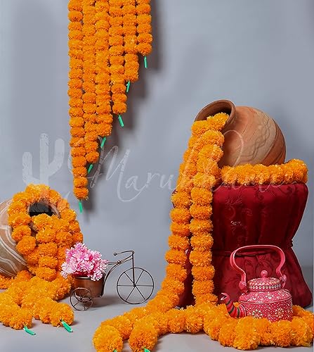 Vista 34 de Tira de flores artificiales Marubhumi, 5 unidades de 4,5 pies de largo, flores de caléndulas, guirnalda para decoración Diwali, decoración Amarillo