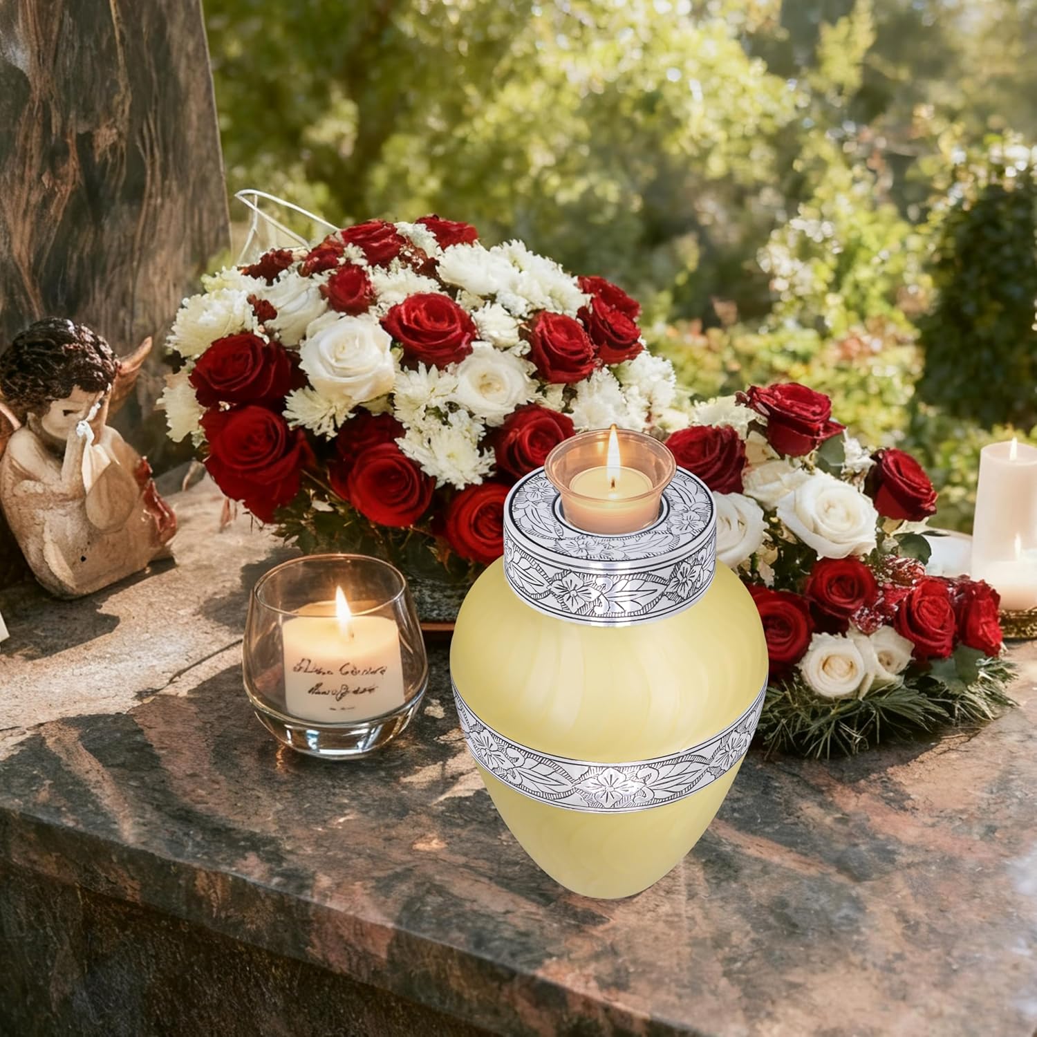 Urns for Human Ashes Adult Female/Men, Cremation urns Ashes for Funeral, Memorial Urn, Metal Engraved, ERN, Yellow Candlestick Urn - Large Size