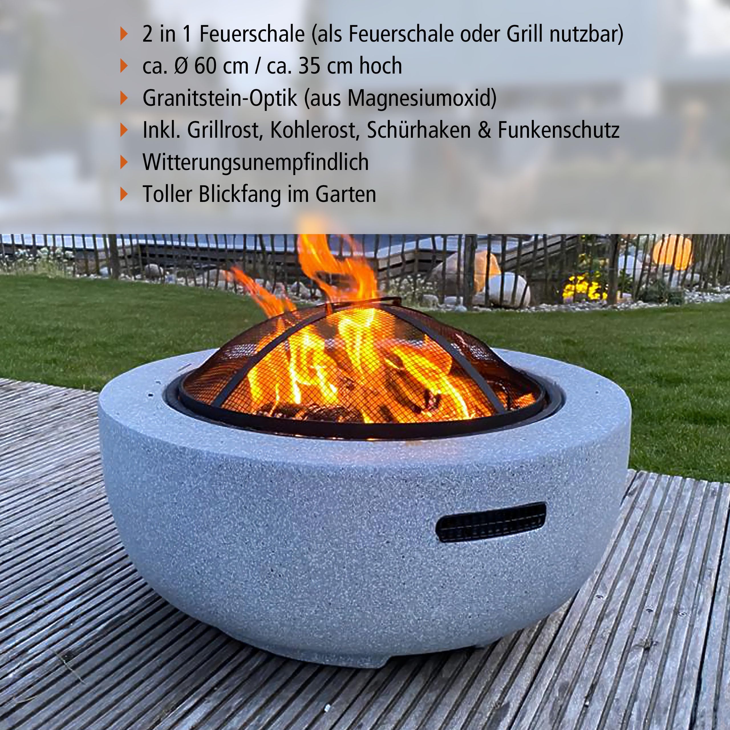 Feuerschale 2-in-1 aus Kunststein in Granitoptik | ca. Ø 60 cm | inkl. Grillrost, Schürhaken & Funkenschutz | als Grill & Feuerkorb für den Garten nutzbar | Moderne Feuerstelle zum Kochen und Chillen