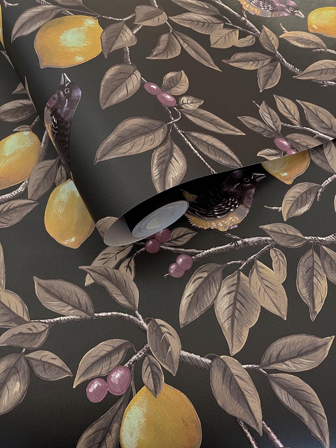Ponderosa Lemon Trail Charcoal Non-Pasted Wallpaper – Bold Citrus Botanical Wallcovering, 56 Sq Ft Coverage – Paste-the-Wall