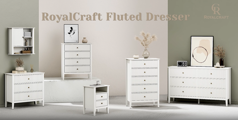 white fluted dresser RoyalCraft 6 Drawer for Bedroom, Painted Wood Chest of Drawers, Modern TV Stand Storage Cabinet for Living Room, Entryway, 47" W x 16" D x 32" H Sleek coated metal pulls ensure easy access RoyalCraft White Fluted 4 Drawer