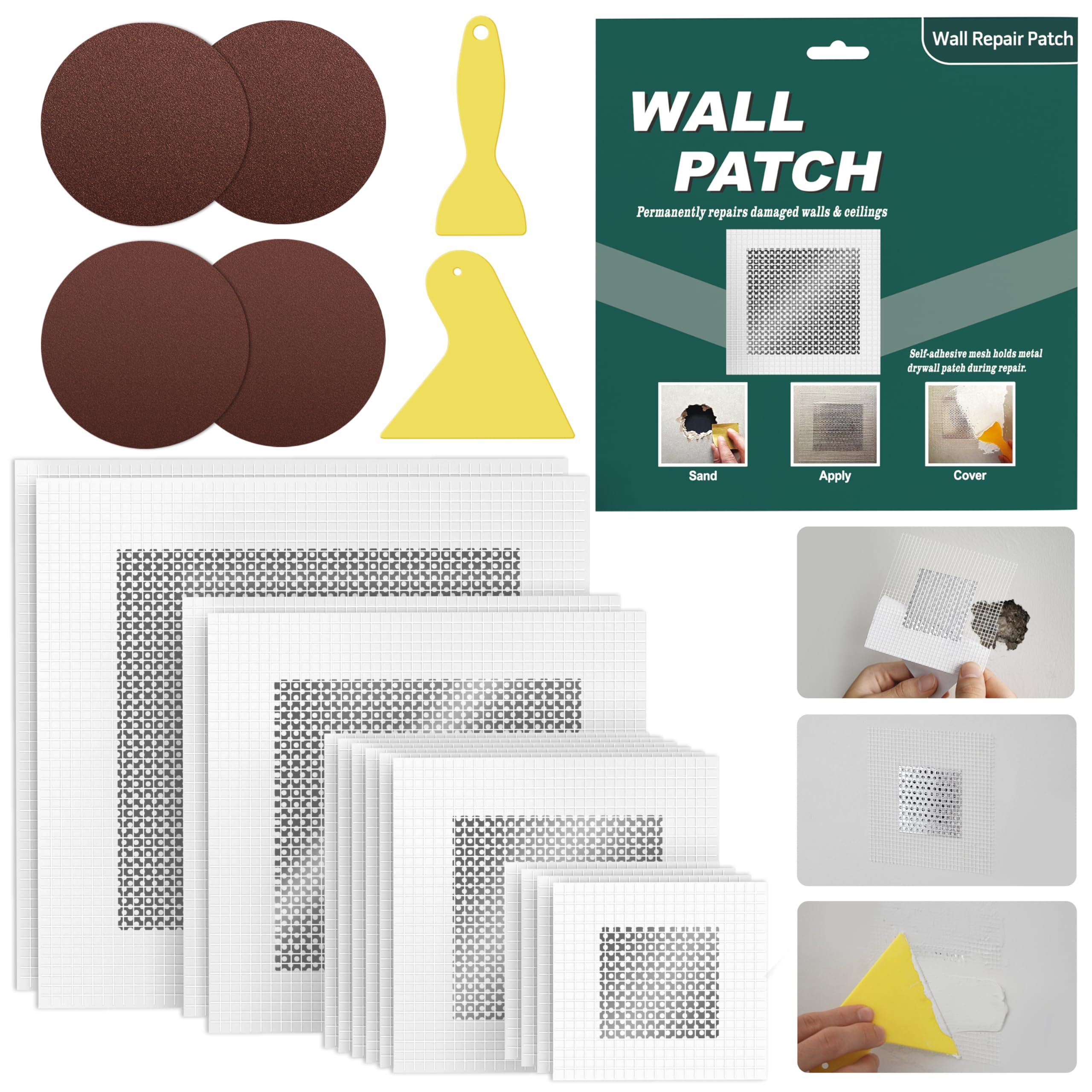 20 Pcs Drywall Repair Patch Kit,4 Wall Patch Sizes(2/4/6/8 Inch) with Scraper, Sandpaper for Damaged Ceiling,Quickly Repair Damaged Wall Ceilings, DIY Repair Unsightly Holes.