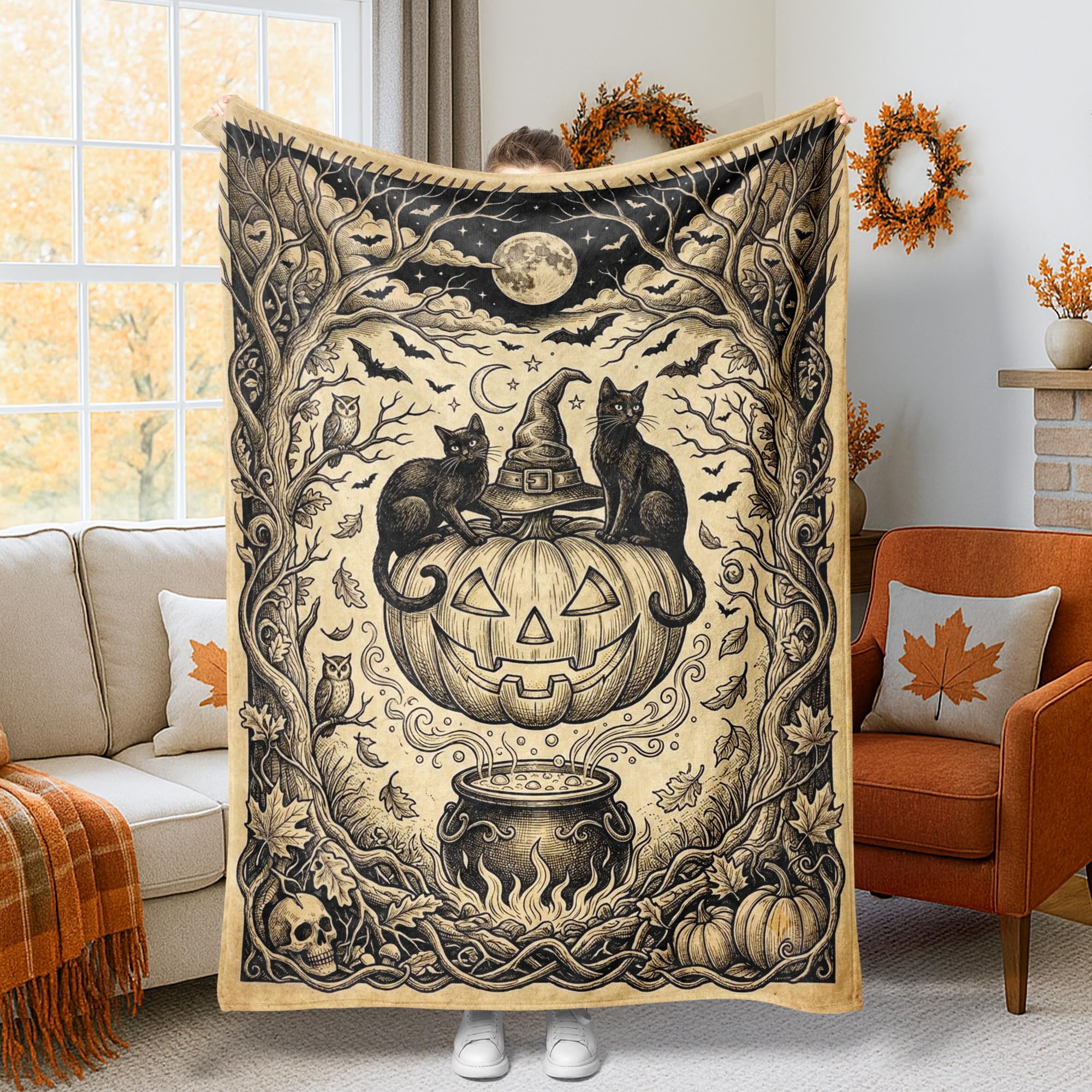 Jeté de lit polaire citrouilles pour cocooning Halloween sur canapé