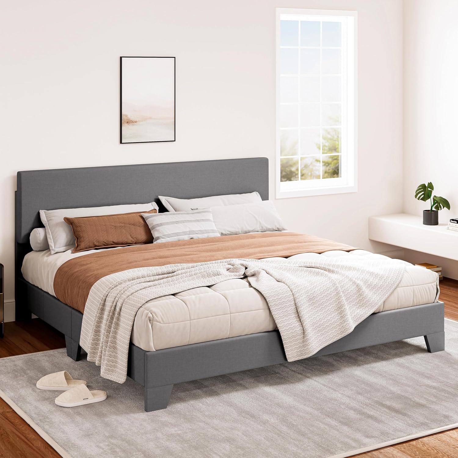 SHA CERLIN Light Grey King Platform Upholstered Bed Frame with Adjustable Headboard, Wood Slats Support, No Box Spring Needed, Easy Assembly, Easy Clean Up