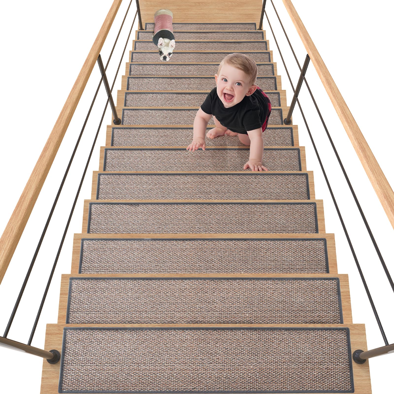 WIKUVO 30X8 Inch Stair Mat, 15 Pack Comfortable Stair Treads for Wooden Steps, Non-Slip Stair Runner with Rubber Backing for Elderly, Children and