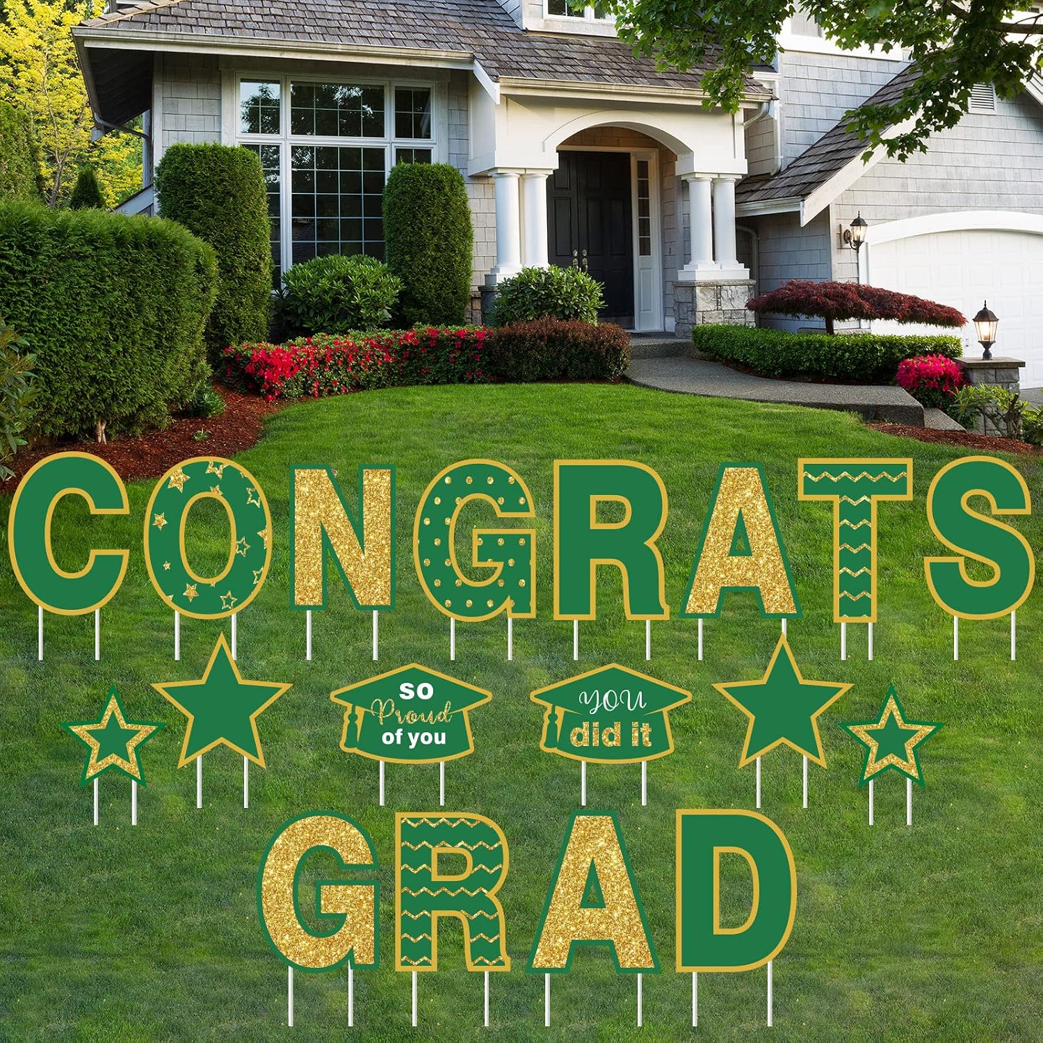Set of 18 Graduation Yard Sign Decorations Congrats Grad Graduation Lawn Signs Class of 2023 Yard Signs with 22 Stakes for Outdoor Graduation Party Pathway Decor Supplies(Green & Gold)
