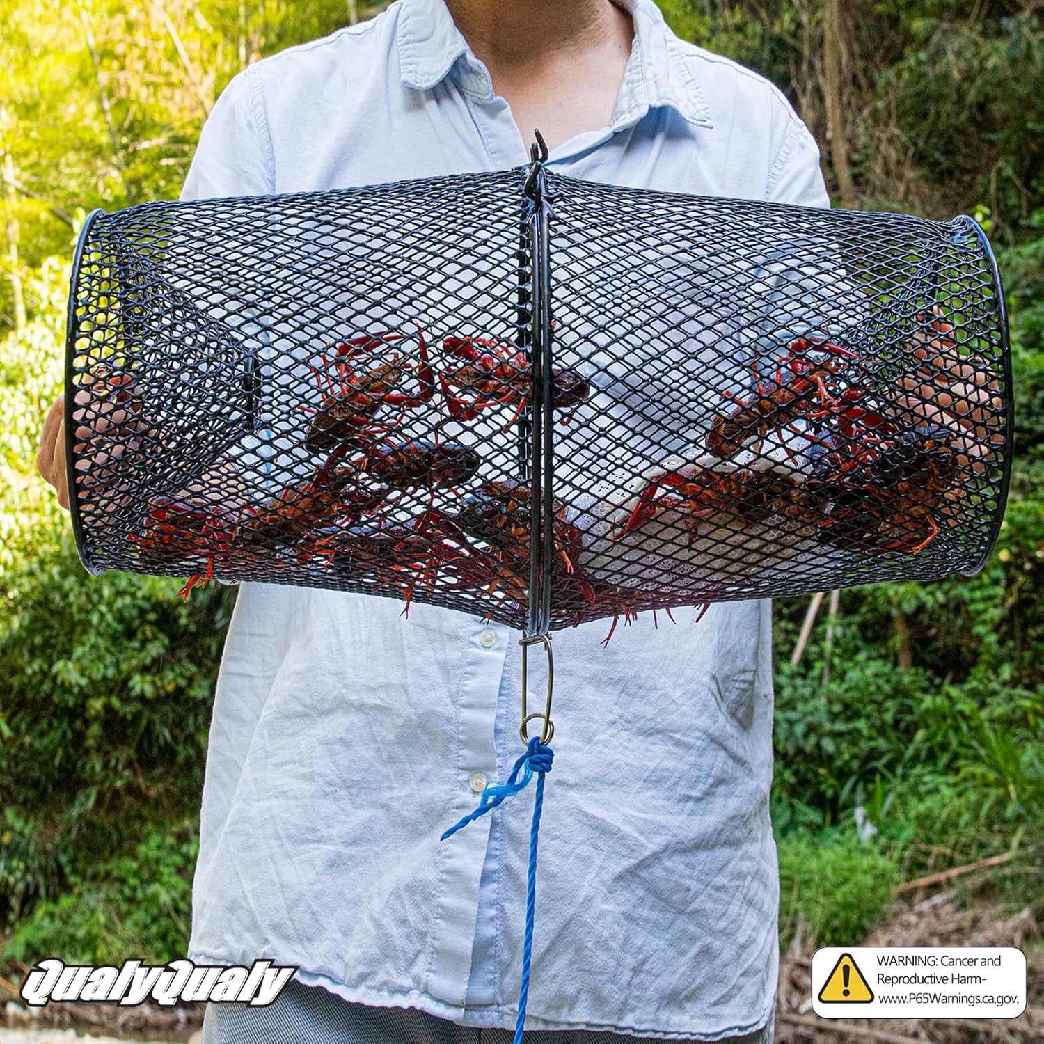 QualyQualy Crawfish Trap 5-Pack, Heavy Duty Minnow Trap [Vinyl-Coated Rustproof] with 1.4" Entry Holes for Crawdad, Crayfish, Bait Fish Traps, Include Clip & 14M Rope