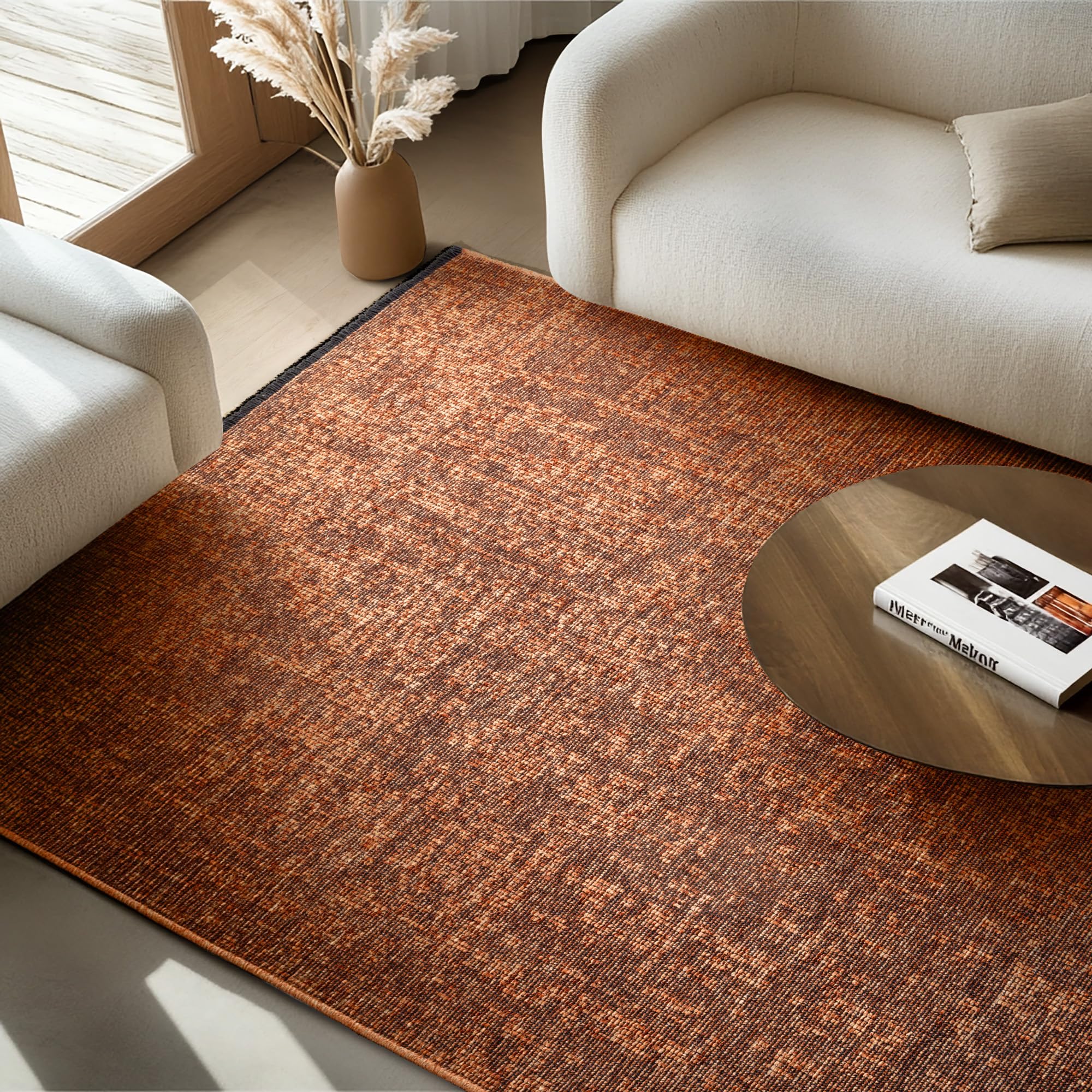 Tapis vintage Kelim en coton chenille terre cuite 240x340 cm lavable et antidérapant