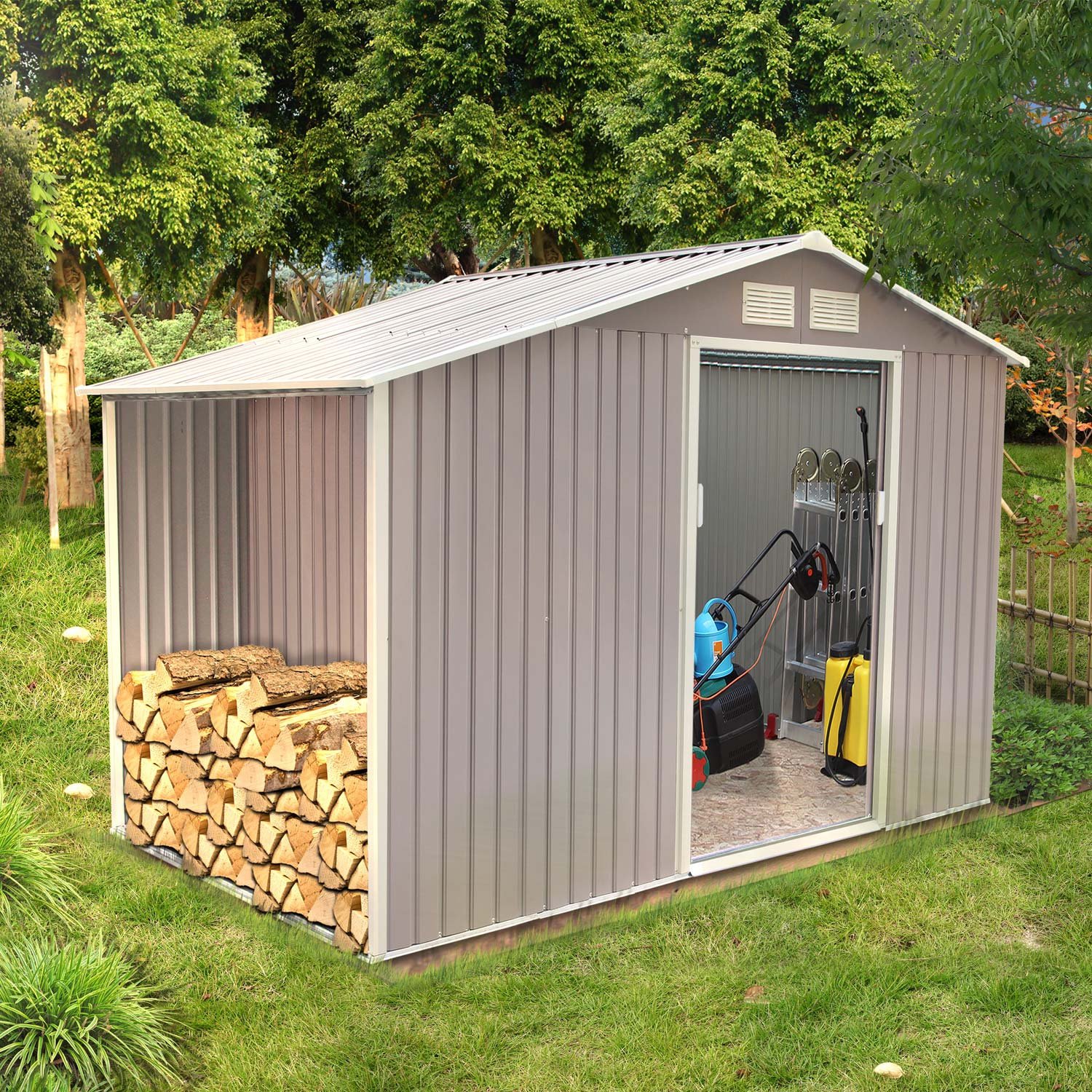 CONCEPT USINE - Abri de Jardin 6.53 m² Ventoux Gris - Cabane Extérieur en Metal avec Fondation - Atelier Rangement Outils et Vélos avec Abri Bûches en Acier Anti-​Corrosion - Spacieux, Solide, Robuste