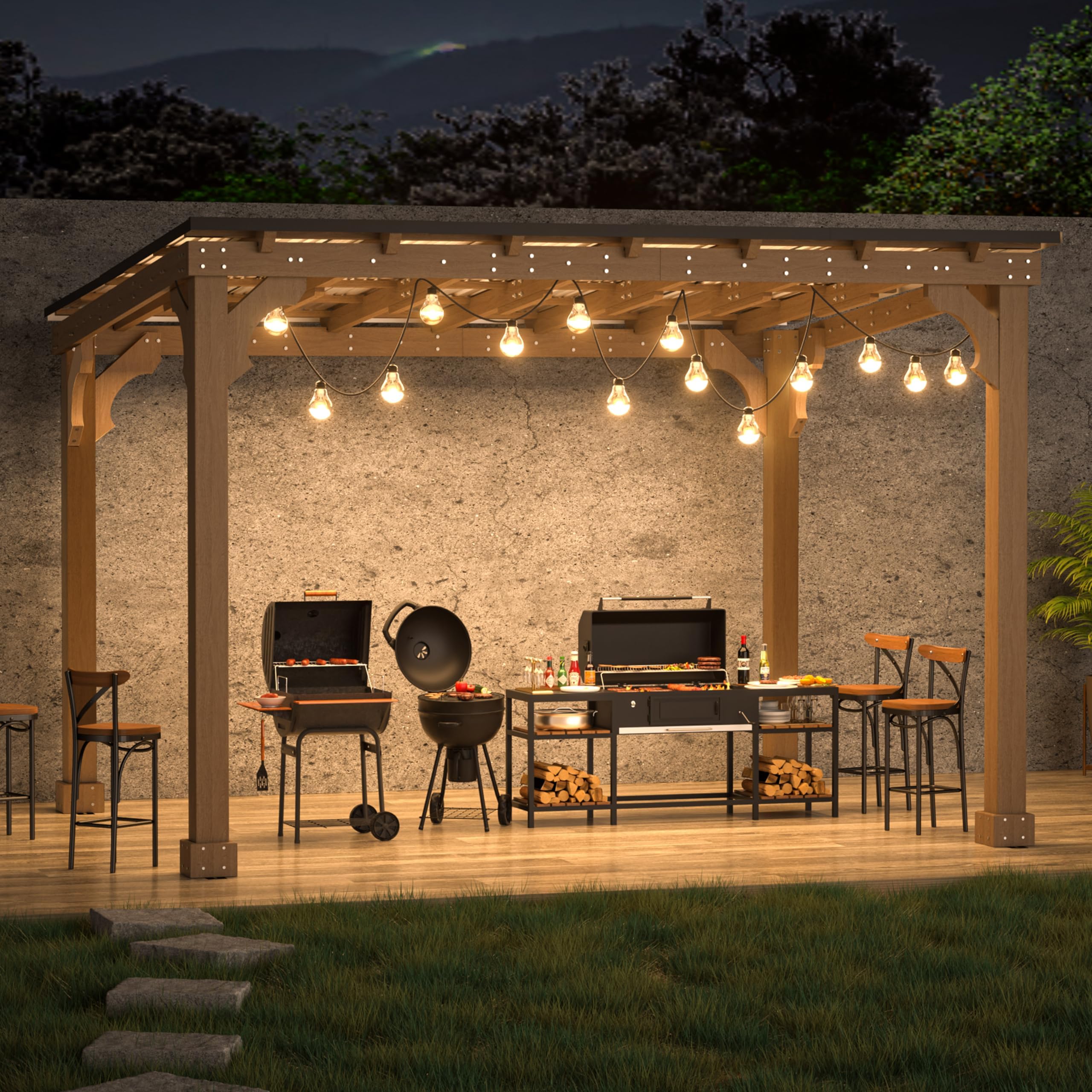 10 x 12 FT Wooden Grill Gazebo with 5.5" Width Wood Posts, Sloping Metal Roof, Rainwater Drainage, BBQ Gazebo for Barbecue, Backyard, Garden, Light Mocha Brown