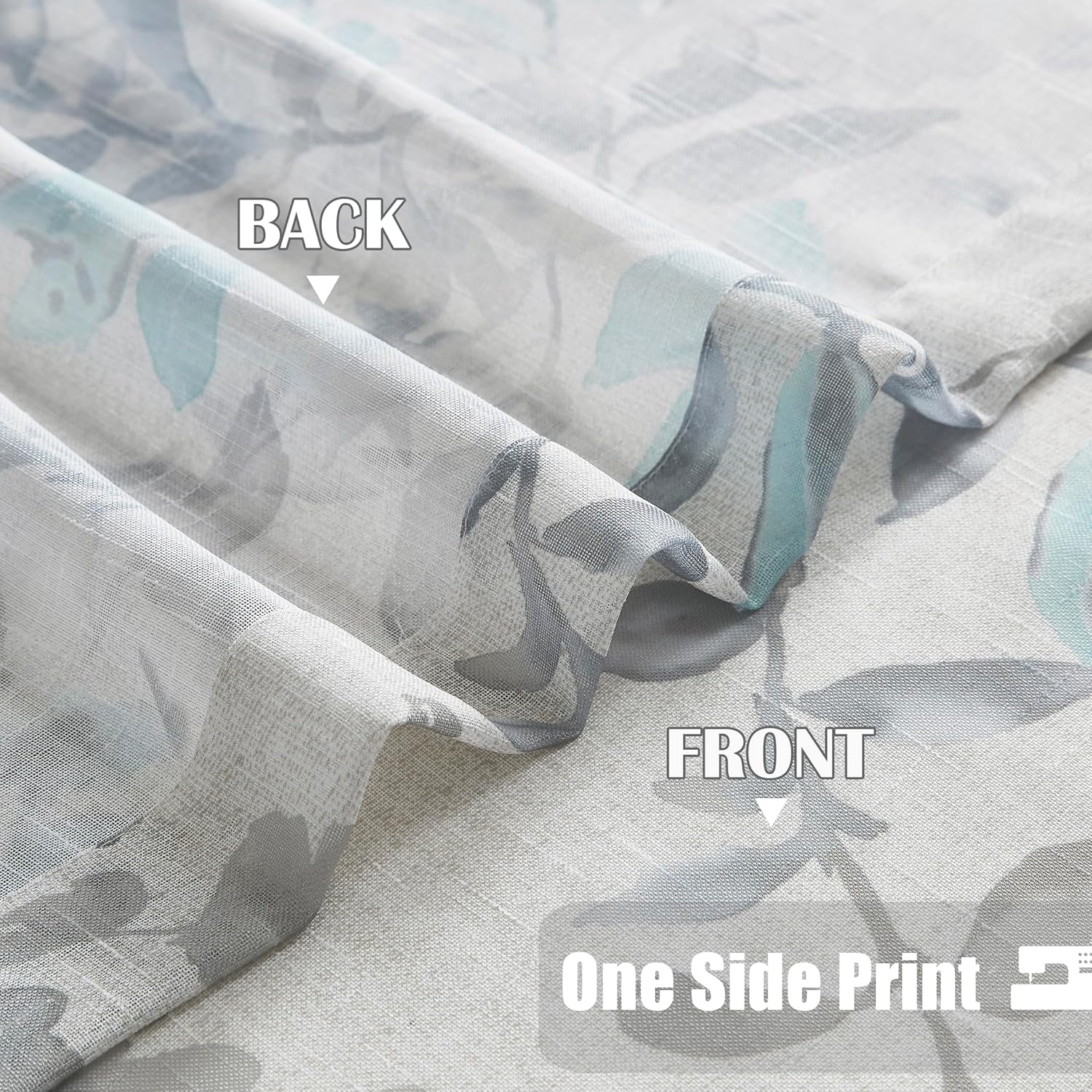 Randall Leaf Print Sheer Window Curtains 84 Inches Long Botanical Floral Pattern Slub Linen Texture Drapes for Living Room/Bedroom/Farmhouse Voile Grommet Window Treatment, 52" W, 2 Panels, Aqua/Gray