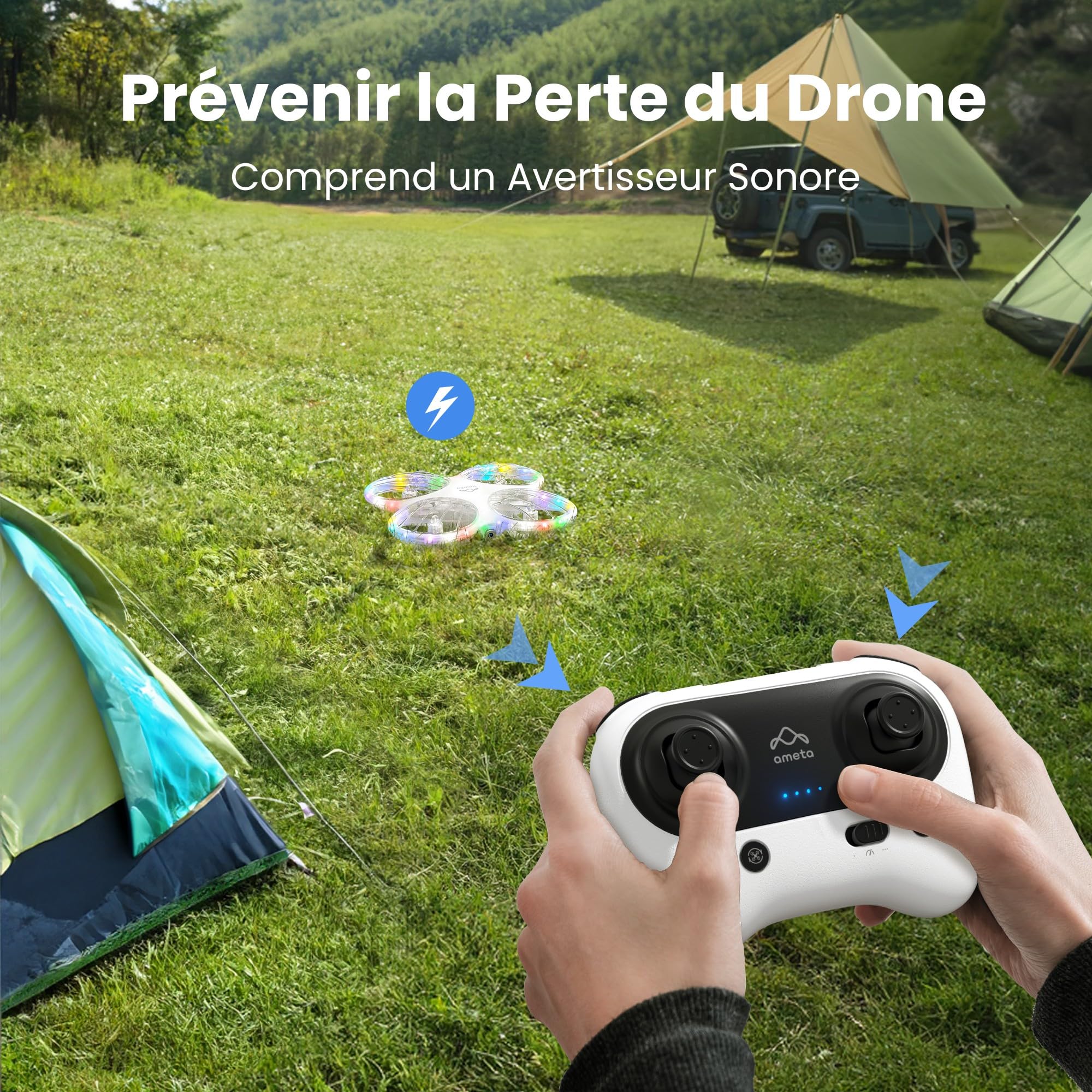 Ameta Morpho Drone avec Camera pour Enfant, 1080P FPV Mini Drones avec Module STEM/ 32 Lumière RGB/Vol Circulaire/Flip 3D/ Vol de 18min/ Buzzer de Perte, Cadeaux pour Garcon et Fille, Moins de 250g