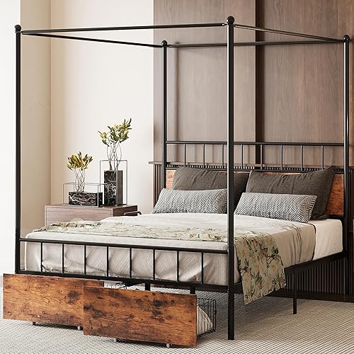 Miniatura 7 de LIKIMIO Marco de cama Queen con cabecera y cajón de madera, marco de cama tamaño Queen con 4 postes resistentes extraíbles, sin ruido, no necesita