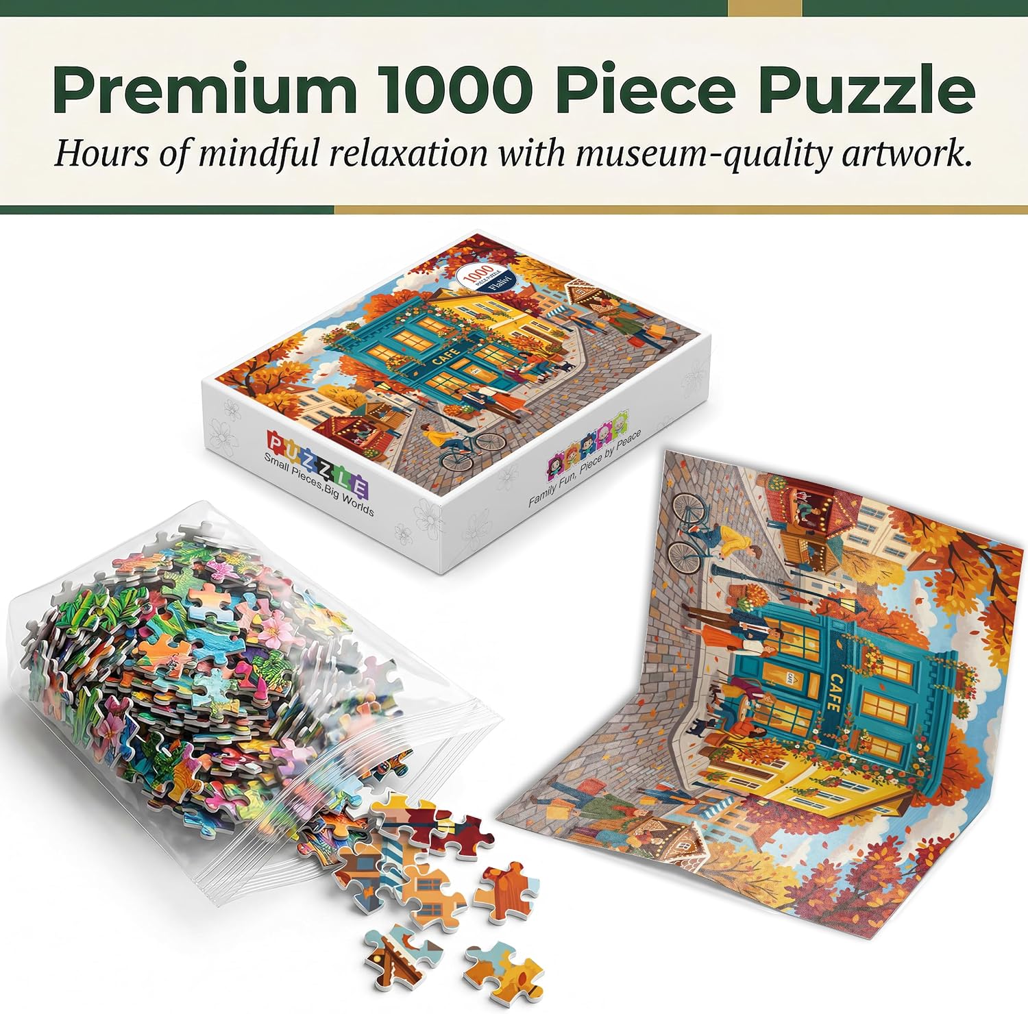 Autumn Cafe Street Scene Jigsaw Puzzle for Adults 1000 Pieces, Colorful European Town Illustration, Premium Thick Cardboard with Matte Finish, for Puzzle Lovers and Home Decor