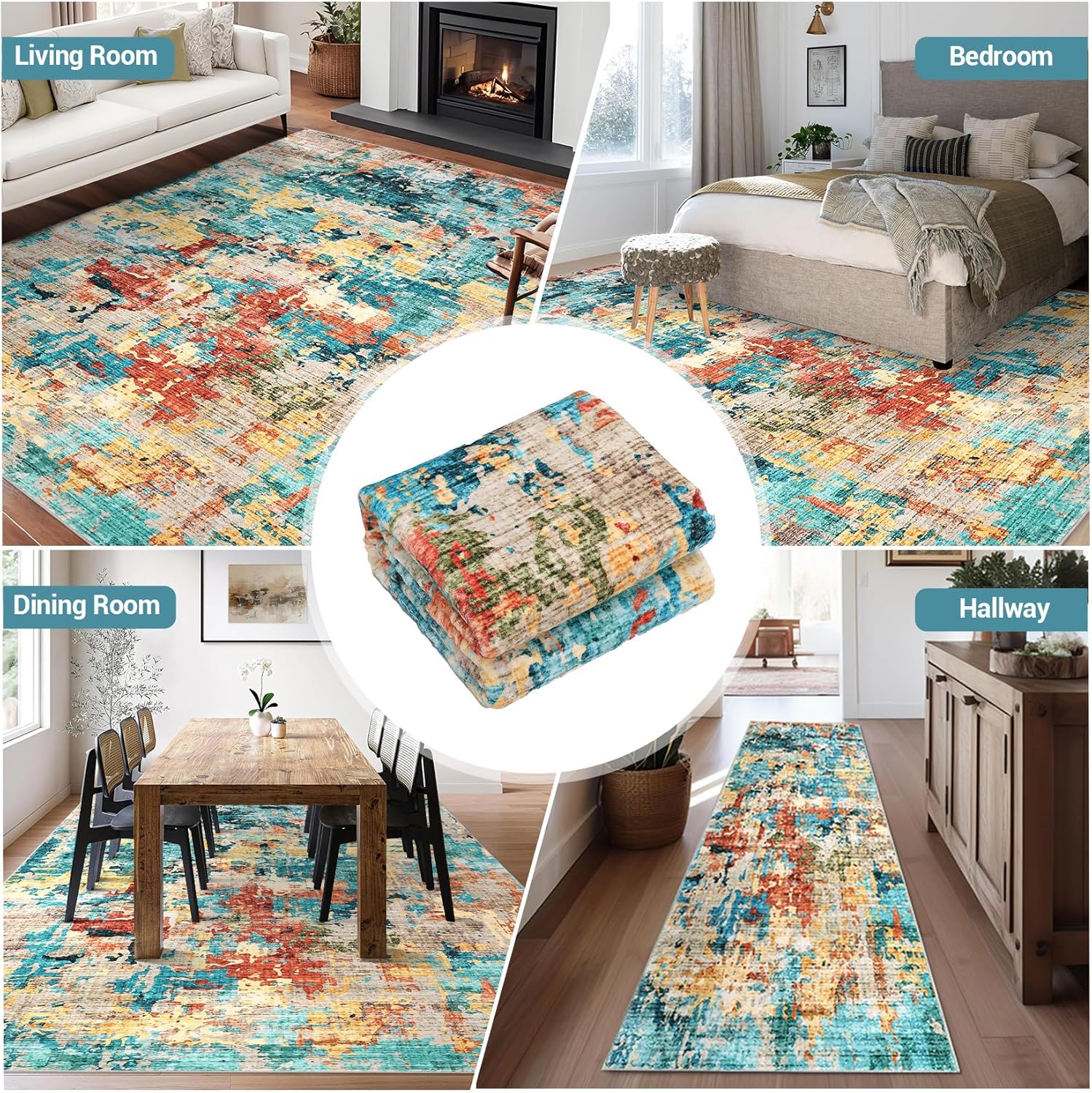 2x6 Runner Rug Washable, Blue Colorful Modern Abstract Kitchen Runners for Hallway Laundry Room, Ultra-Thin Soft Non-Slip Rug Runners for Entryway Bedroom (Blue Colorful, 2'x6')