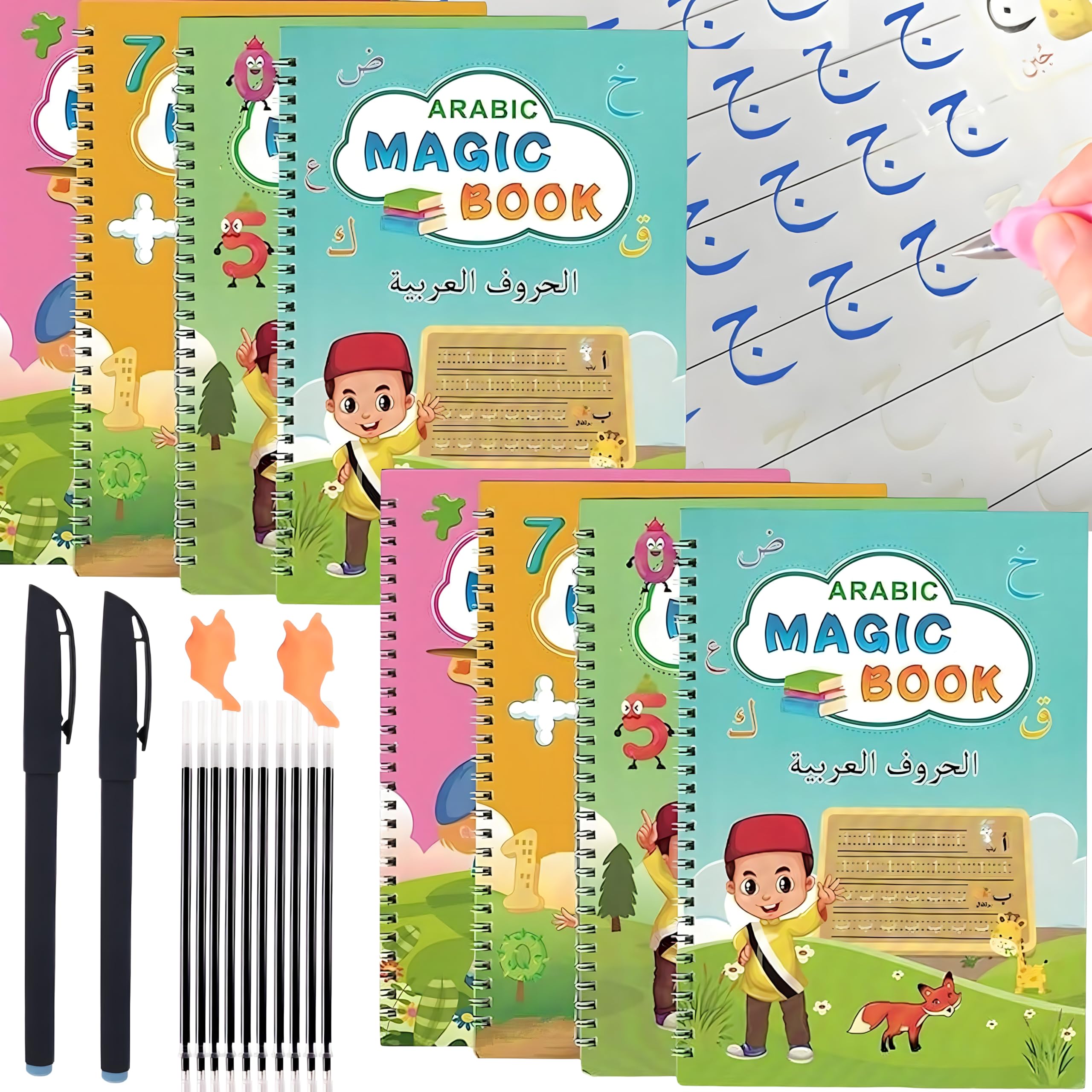 8Pcs Reusable Magic Copy Book, Handwriting Workbooks, Grooves Template Design & Handwriting Aid Magic Copybook, cursive for toddlers Arabic trace pencil control Preschool & Early Education