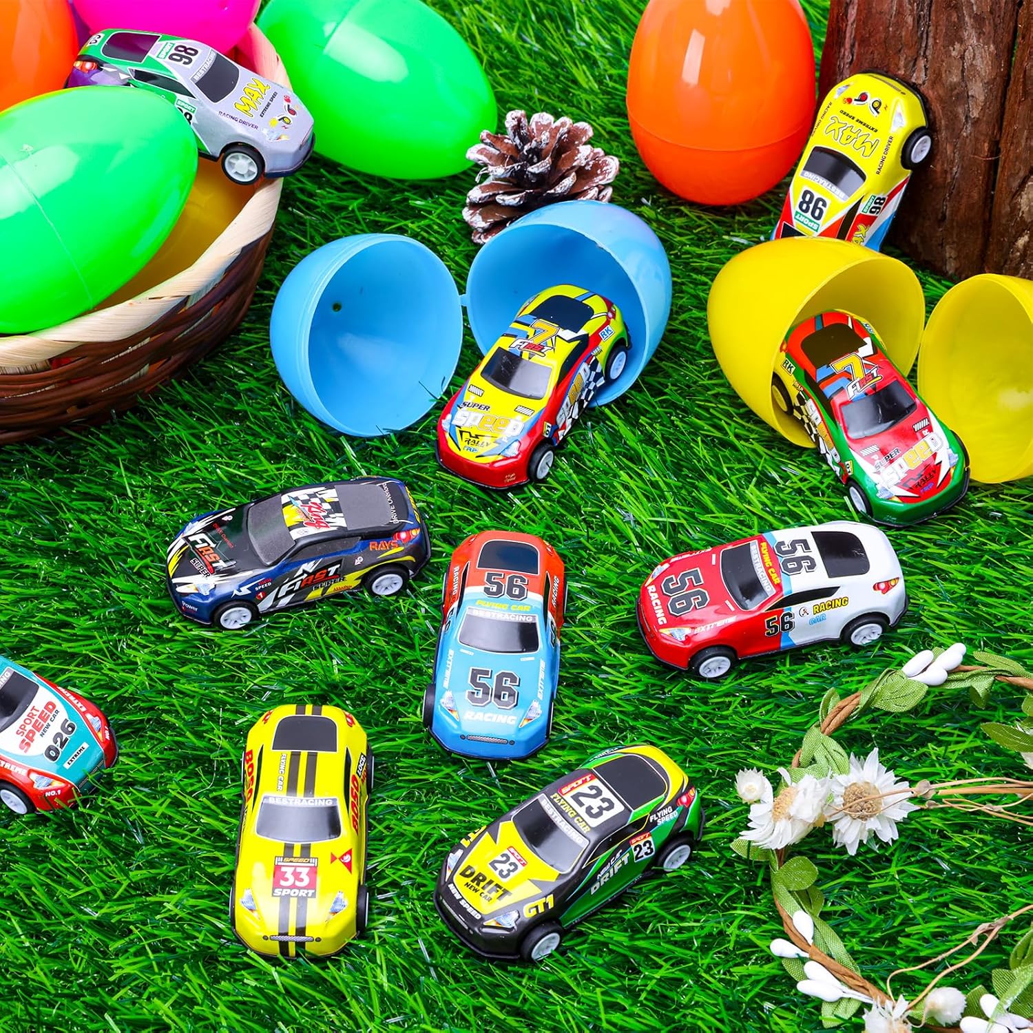 MGparty 16 PCS Prefilled Easter Eggs with Pull Back Cars, Easter Basket Stuffers and Egg Hunt Toys for Kids, Race Car Easter Gifts for Boys and Girls, Party Favors and Classroom Prizes